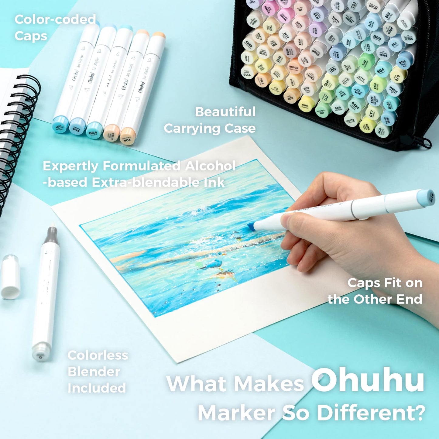Ohuhu - Marcadores a base de alcohol - 96 colores pastel de Honolulu Sweetness + Blossoming - Marcadores de alcohol de doble punta para artistas adultos para ilustrar y colorar - Pincel y cincel - Tinta recargable
