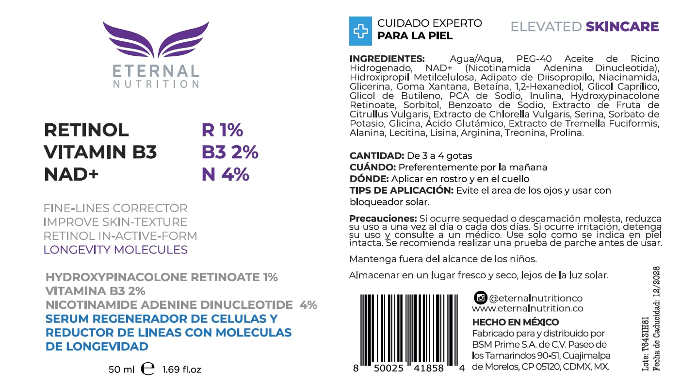Serum RETINOL 1%, Vitamin B3 2%, NAD+ 4%. 50 ml. Suero Reductor de Líneas con Moléculas de Longevidad | Ingredientes Naturales | Skin Care | Piel Sana y Joven Uniforme | Textura Ligera | Para Todo Tipo de Piel by ETERNAL NUTRITION