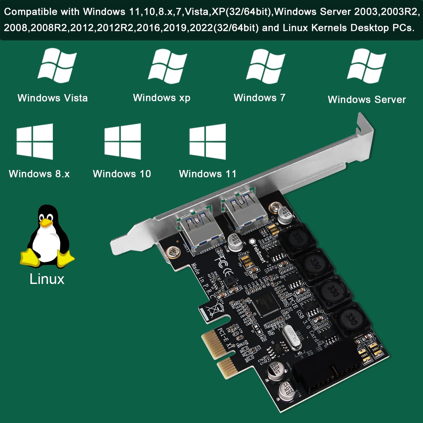 FebSmart 1 cabecera USB 3.0 de 19 pines y 2 puertos USB-A PCIE USB 3.0 tarjeta de expansión de 5 Gbps para PC de escritorio Windows y Linux, tecnología autoalimentada integrada, sin necesidad de fuente de alimentación adicional (FS-HA-Pro)