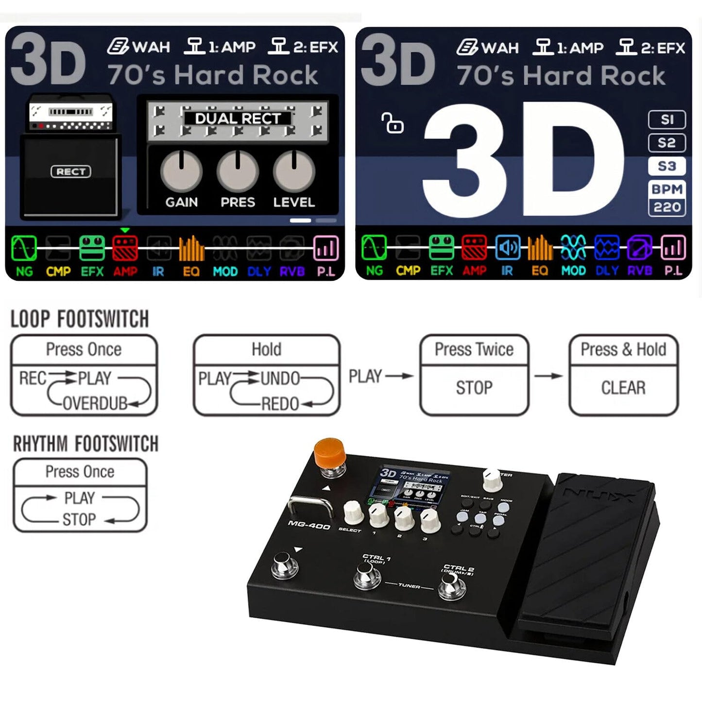 Beyamis Pedal multiefectos NUX MG-400, Modelado de Amplificador, efector de Guitarra eléctrica, 512 muestras IR, 10 Bloques de señal móviles Independientes