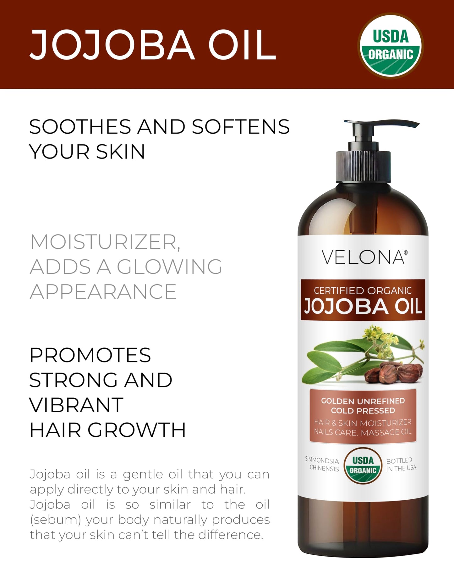 Velona - Aceite de jajoba 100% orgánico | Aceite de transporte transparente natural para el cuidado de la cara, el cabello, el cuerpo y la piel | sin refinar, prensado en frío | Tamaño: 2, 4, 8, 16, 24, 32, 64 oz y 7 lb, 236.58ml (8oz)
