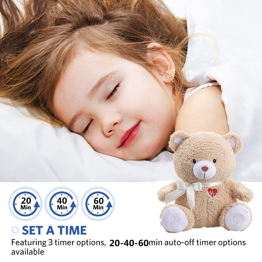 BEREST - Chupete de ayuda para dormir activado, máquina de ruido blanco, regalo de animales de peluche para bebé, juguete de oso con decoración de guardería, luz nocturna, latidos del corazón del