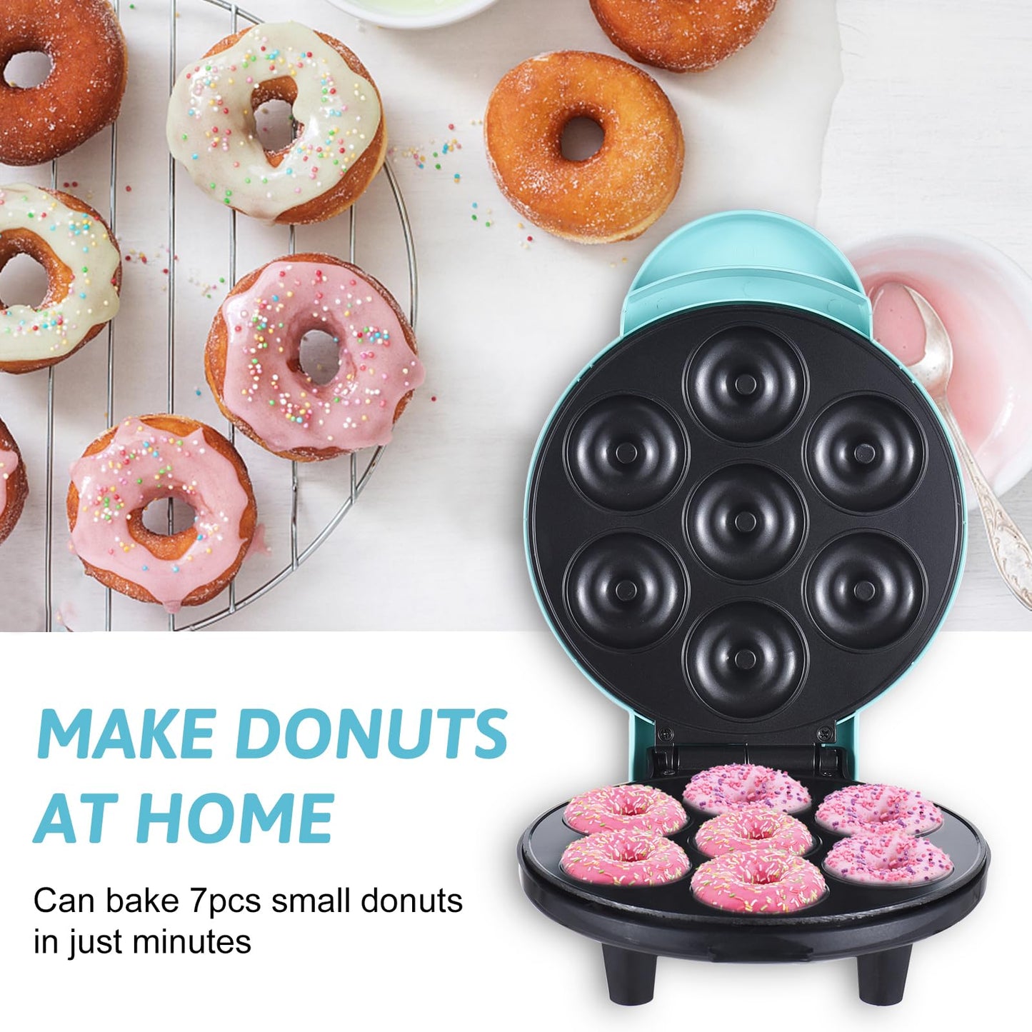 KONDIAN Dash Mini Donut Maker Machine Hace 7 Donuts 700W Calefacción de Doble Cara Recubrimiento Antiadherente Máquina Eléctrica para Hacer Donuts para Desayuno para Niños Postre Merienda Perfecto