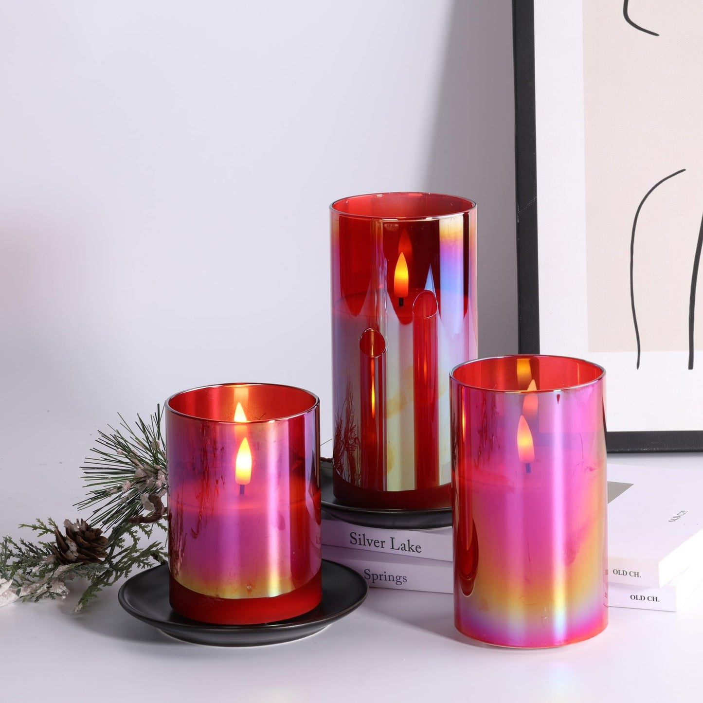 Eywamage - Juego de 3 velas led de vidrio rojo sin llama con control remoto, batería parpadeante