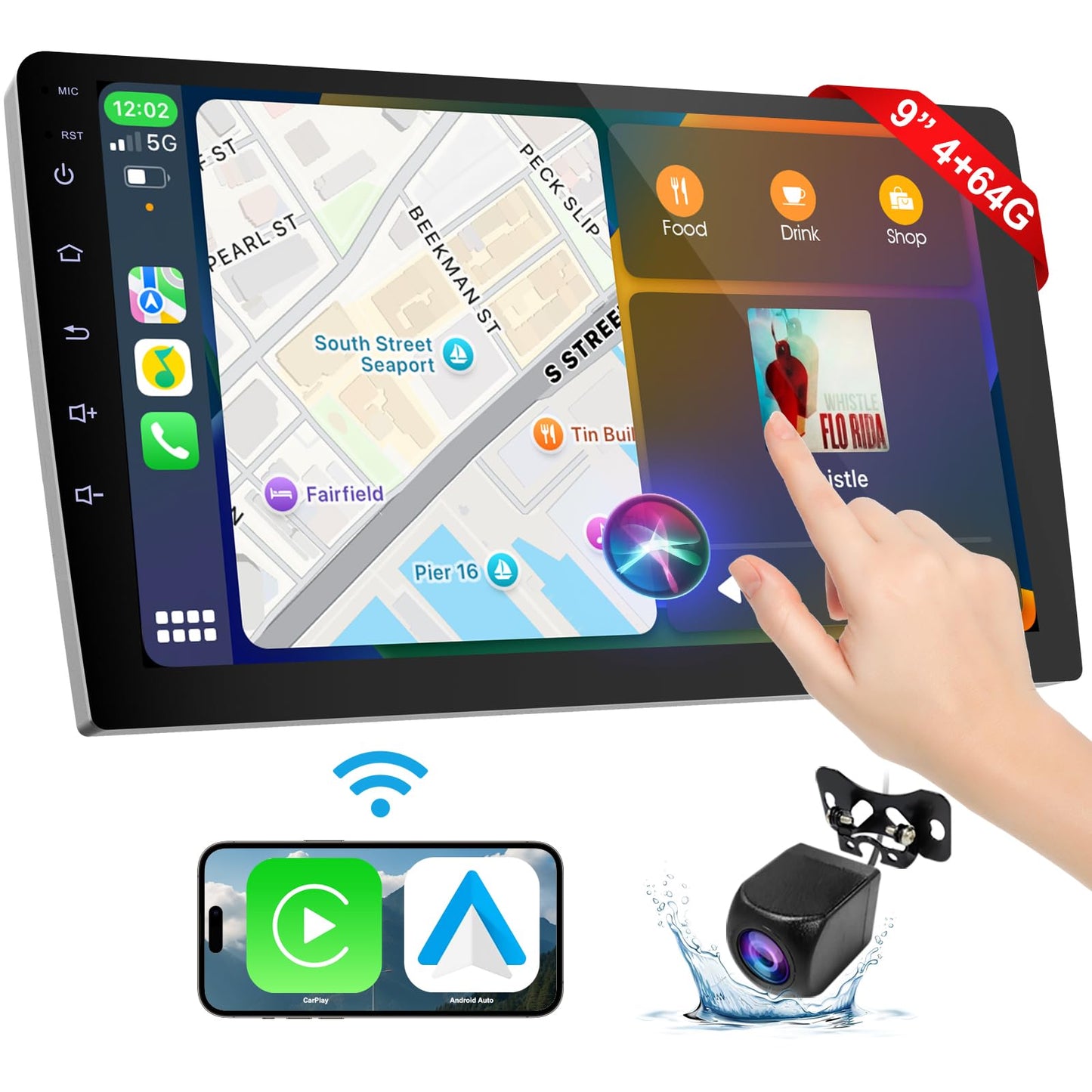 Estéreo inalámbrico de doble DIN para coche con Apple CarPlay/Android Auto, visualización Carplay para coche, control de voz con cámara de respaldo, Bluetooth, navegación, enlace de espejo (9 pulgadas