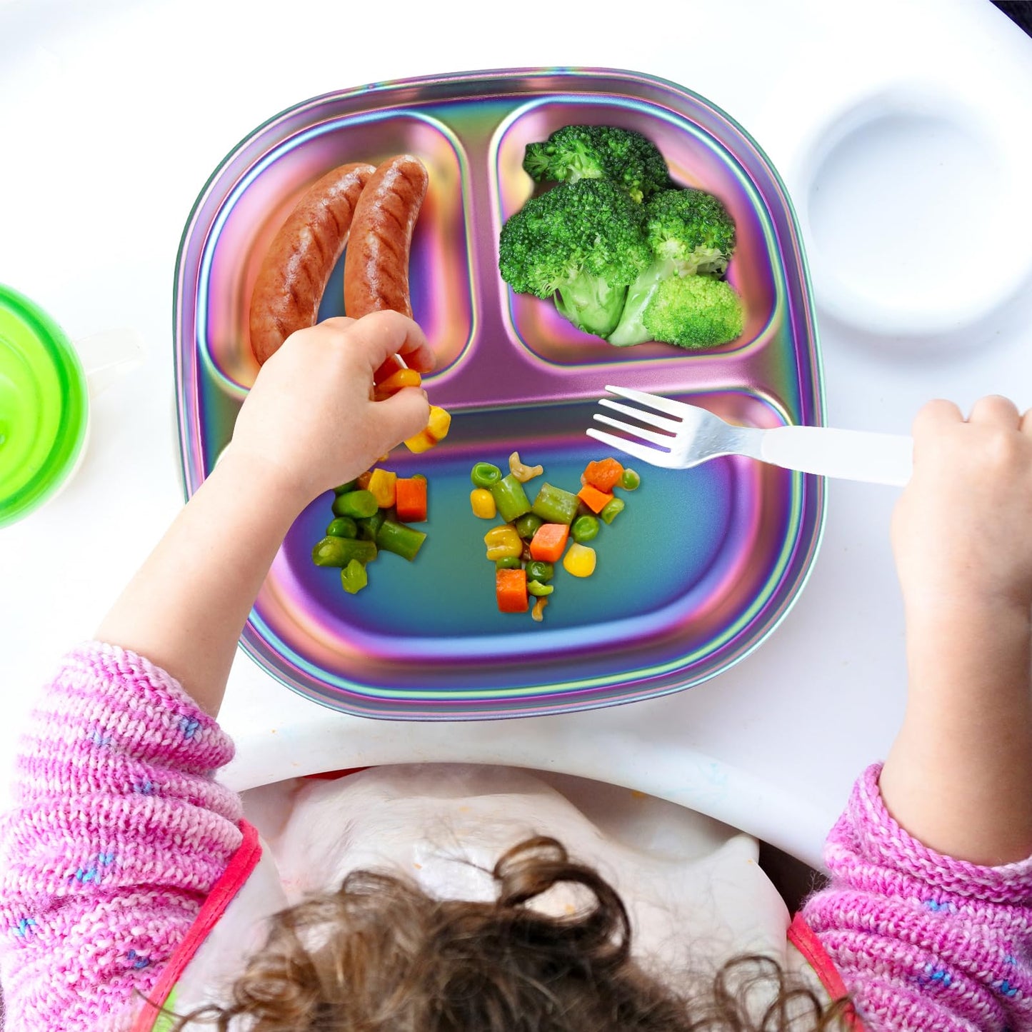 AODPWEN - Juego de platos de acero inoxidable para niños, juego de platos y cuencos para niños pequeños con cuchillo, tenedor, cuchara y taza, manteles individuales verdes