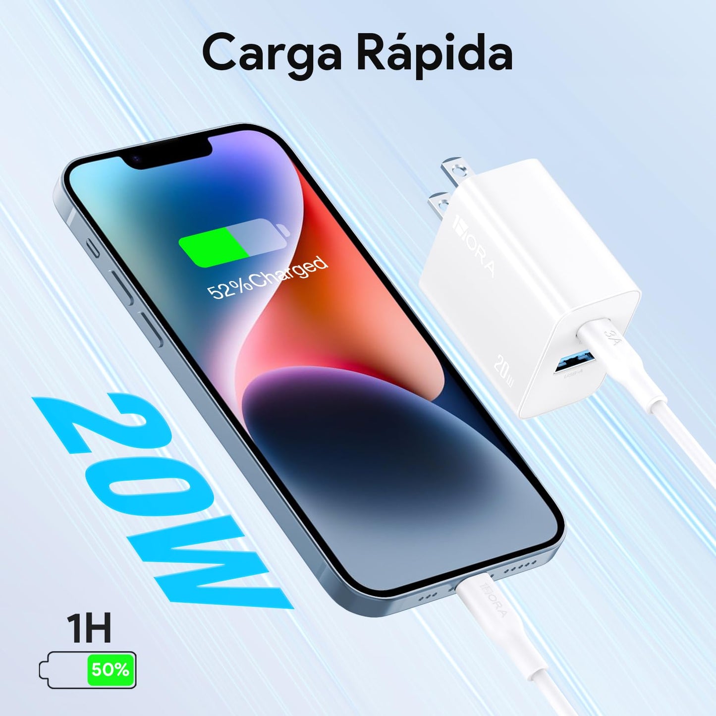 1 Hora Cargador para IP Carga Rápida 20W 2 en 1, Cargador Tipo C PD 20W + USB A QC 18W con Cable USB C a Lightning 1M 3A, Compatible con iP14/13/13 Pro MAX/12/11/X/XS