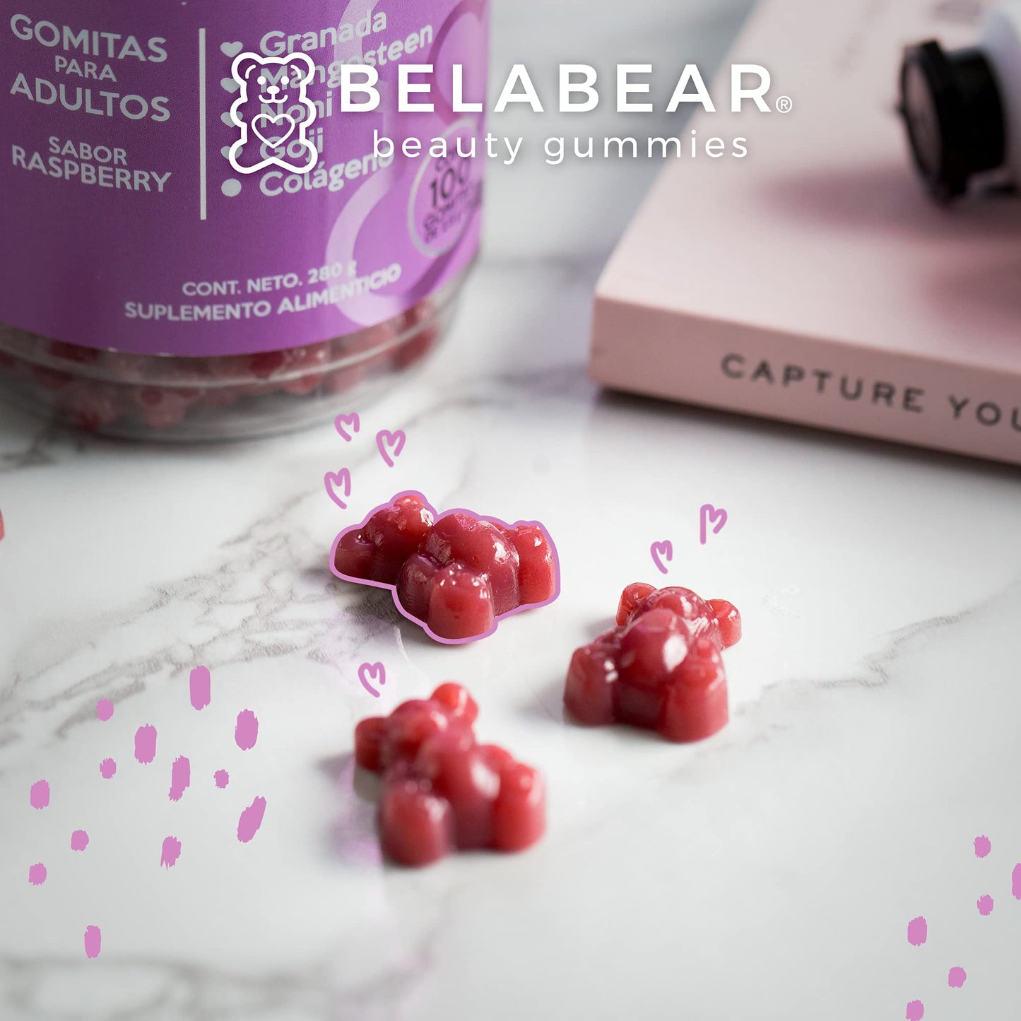 Belabear Ácido Hialurónico - Sabor Frambuesa - Granada, Mangosteen, Noni, Goji, Colágeno - 100 Gomitas