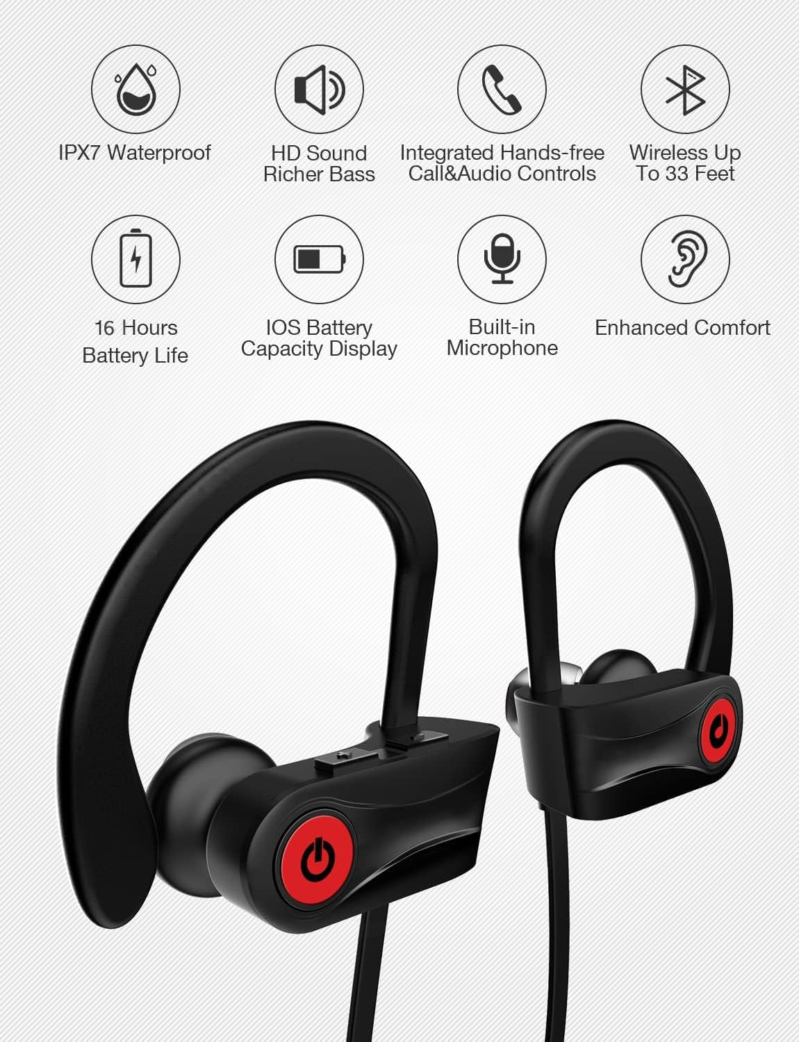Auriculares Bluetooth Audio-hongxin Otium Negros Deportivos inalámbricos IPX7 impermeables con micrófono para Hombre