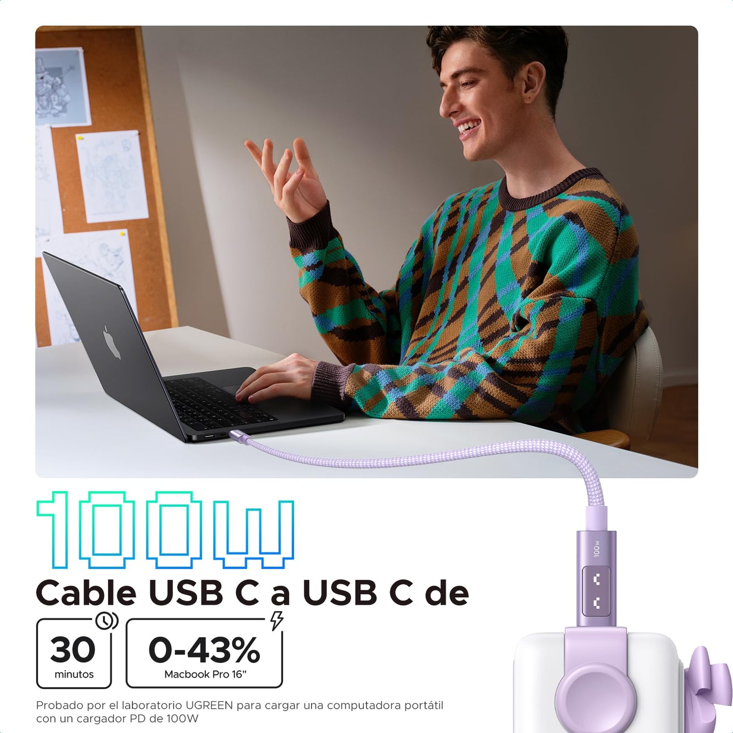 Cable USB C UGREEN Púrpura Carga Rápida PD 3.0 100W 2M Compatible con MacBook Pro Air, iPad, iPhone, Galaxy, Pixel