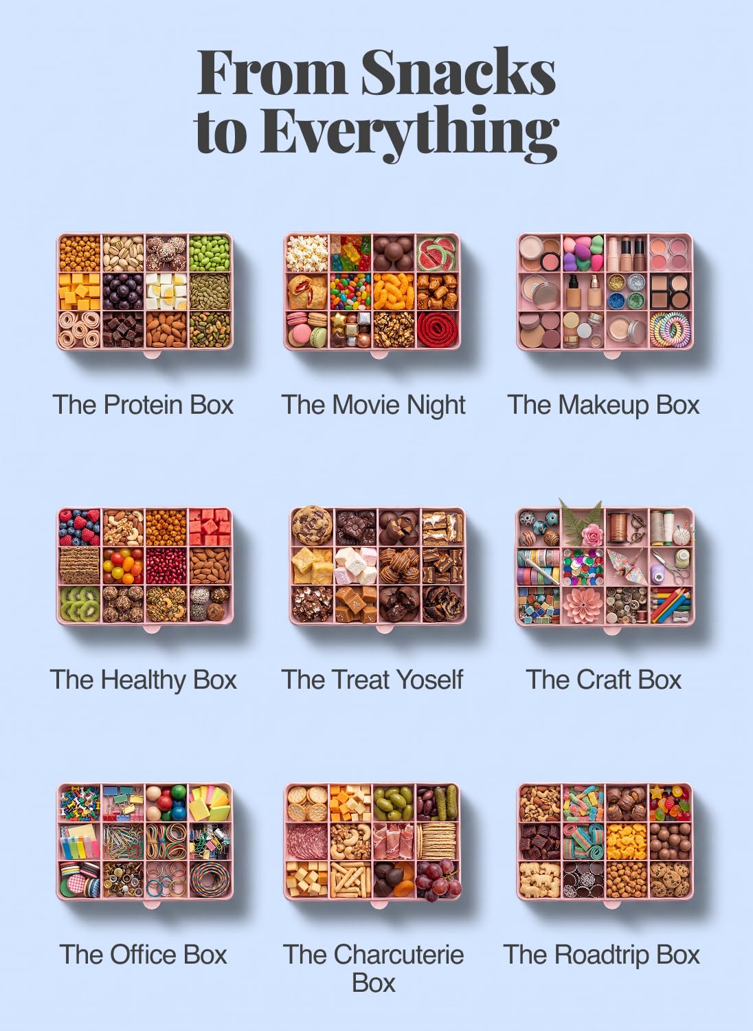 Melii Snackle Box | Contenedor de aperitivos dividido de 12 compartimentos, almacenamiento de alimentos sin BPA, divisores extraíbles, perfecto para botanas de niños, artes y manualidades, abalorio y