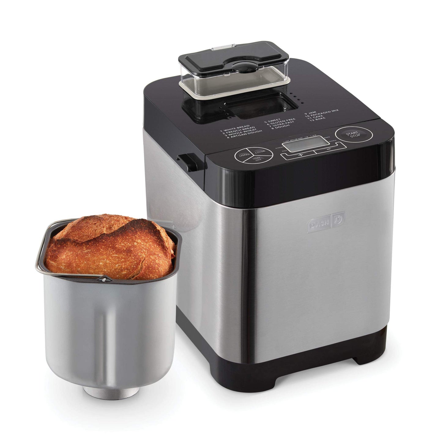 Dash Everyday - Máquina para hacer pan de acero inoxidable, hasta 1.5 libras, programable, 12 ajustes + dispensador de llenado automático sin gluten y sin gluten, color negro