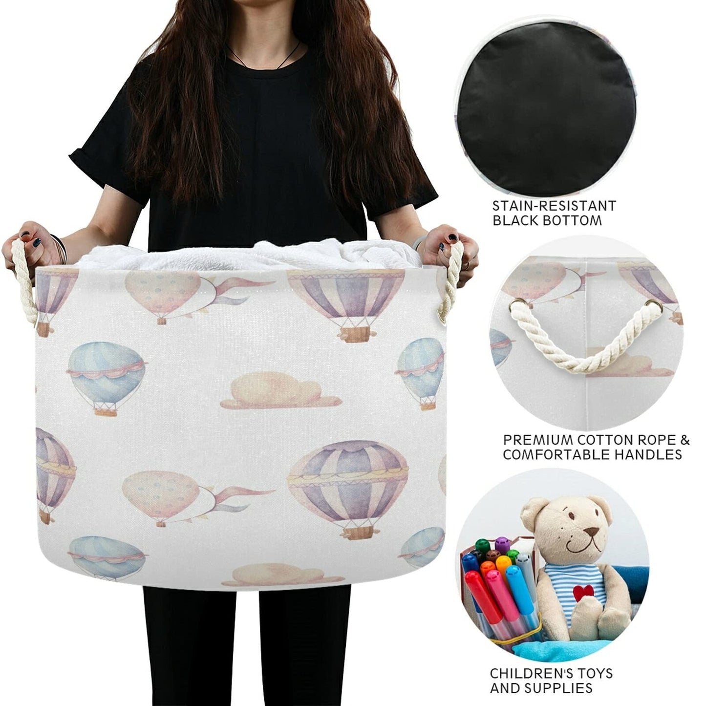 WELLDAY - Cesta de cuerda de algodón con globos de aire caliente para bebé, cesta de lavandería para mantas, juguetes