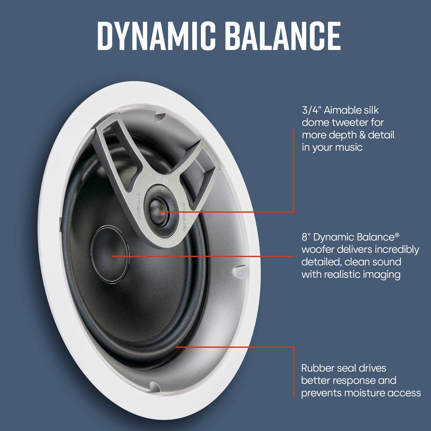 Polk Audio MC80 Altavoz de 2 vías en el Techo de 8 Pulgadas (Individual) | Audio Incorporado dinámico | Perfecto para Zonas húmedas Interiores y Cerradas | Baños, cocinas, Patios | Blanco