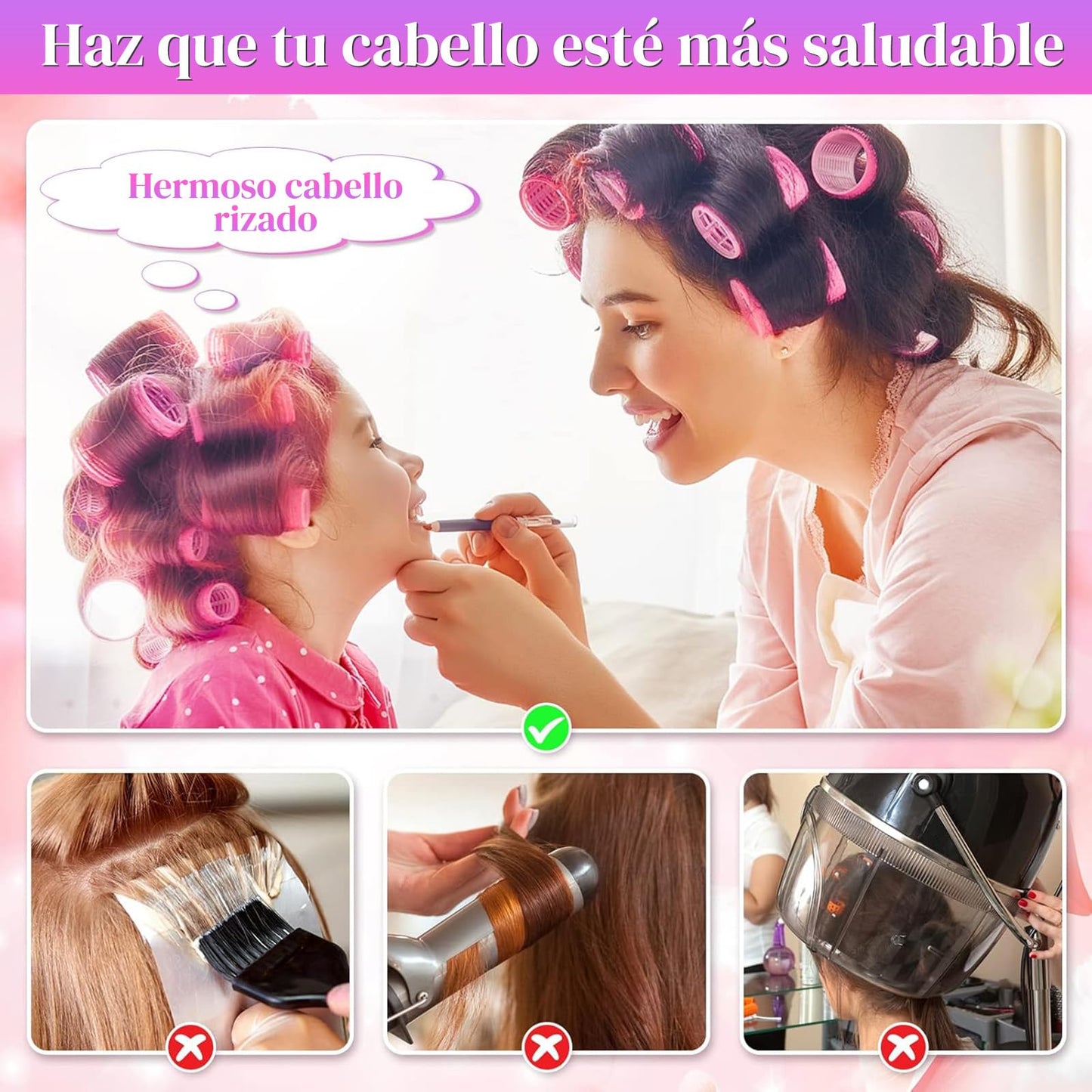 Tubos para Rizar Cabello, 33PCS Rizador de pelo sin calor, tubo de plástico rizador, autodisparador para pelo largo, medio y corto, 3 tamaños. (Rosa03)
