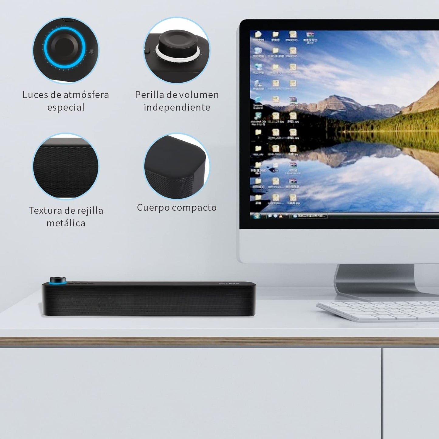 Lirgcuatro Mini Barra de Sonido Estéreo Bluetooth 5.0 Inalámbrico con Subwoofer para TV,Altavoz PC Portátil Llamadas Manos Libres, Altavoces para Cine en Casa, con Audio Micrófono Incorporado(Negro)