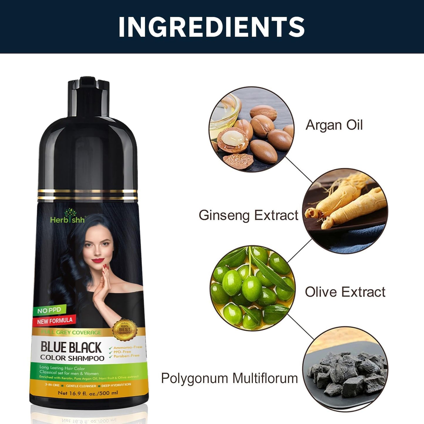 Herbishh Hair Color Shampoo for Gray Hair – Natural Hair Dye Shampoo – Colors Hair in Minutes – Lasts Up To 3-4 Weeks – 500 Ml – 3-In-1 Hair Color – Ammonia-Free | Herbishh (Blue Black)