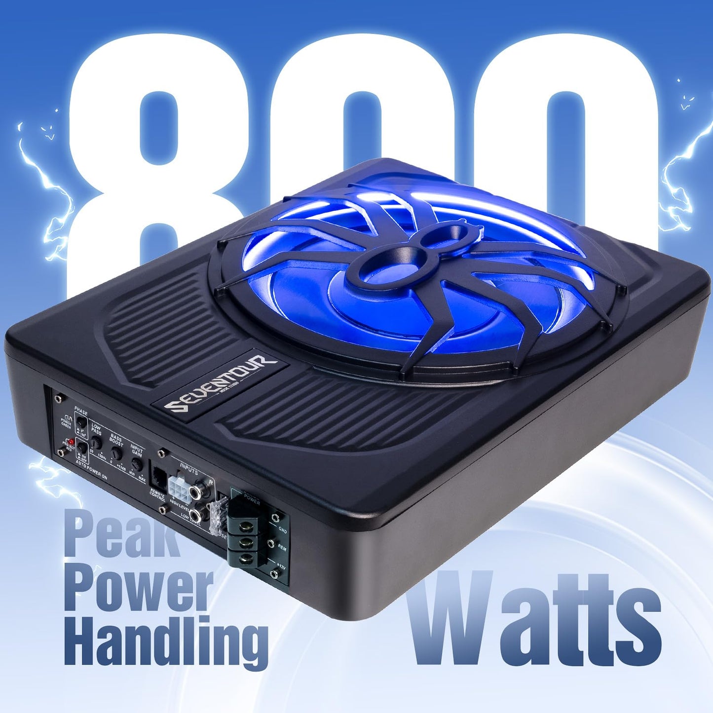 Subwoofer de 10 pulgadas de 800 W delgado alimentado por debajo del asiento, subwoofer de audio para coche/camión, amplificador integrado en combinación, con luz LED azul (subwoofer LED RGB + kit de