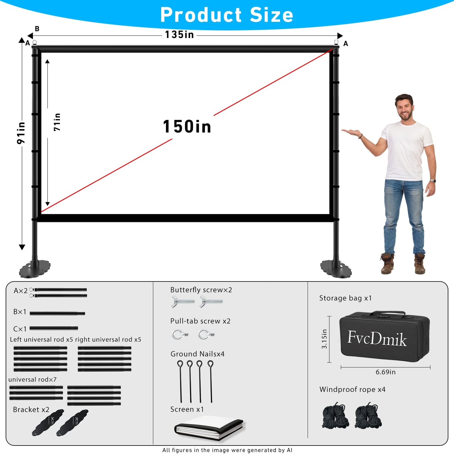 visualización de proyector de 150 pulgadas con soporte, visualización de cine portátil 4K HD 16:9 para exteriores, visualización de proyección plegable sin arrugas, con bolsa de transporte y uñas de