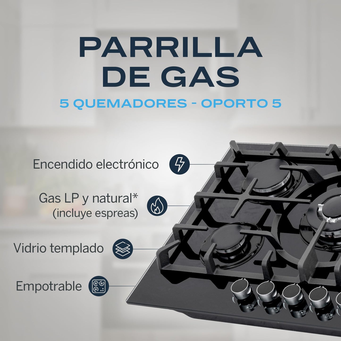 Parrilla de Gas Empotrable 5 Quemadores Vidrio Templado 76 cm Encendido Electrónico para Inducción