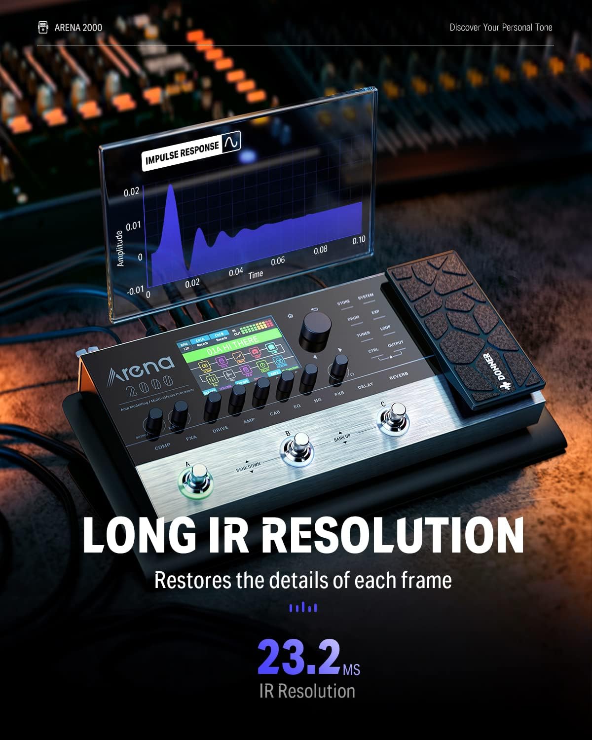 Donner Arena 2000 - Pedal multiefectos de guitarra con 278 efectos, 100 IRs, Looper, máquina de tambor, modelado de amplificador, soporte XLR y MIDI