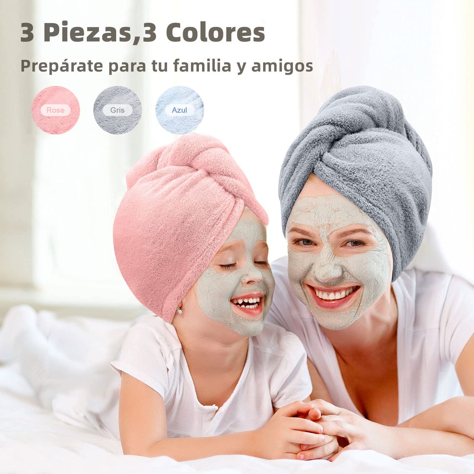 Toalla Microfibra para Cabello 3 Pack, Toalla de Cabello Seco con Botones, Gorro de Baño Ultra Absorbente de Agua, Secado de Pelo Súper Rápido, Turbante Suave Anti Frizz para Mujer (Rosa Gris Azul)
