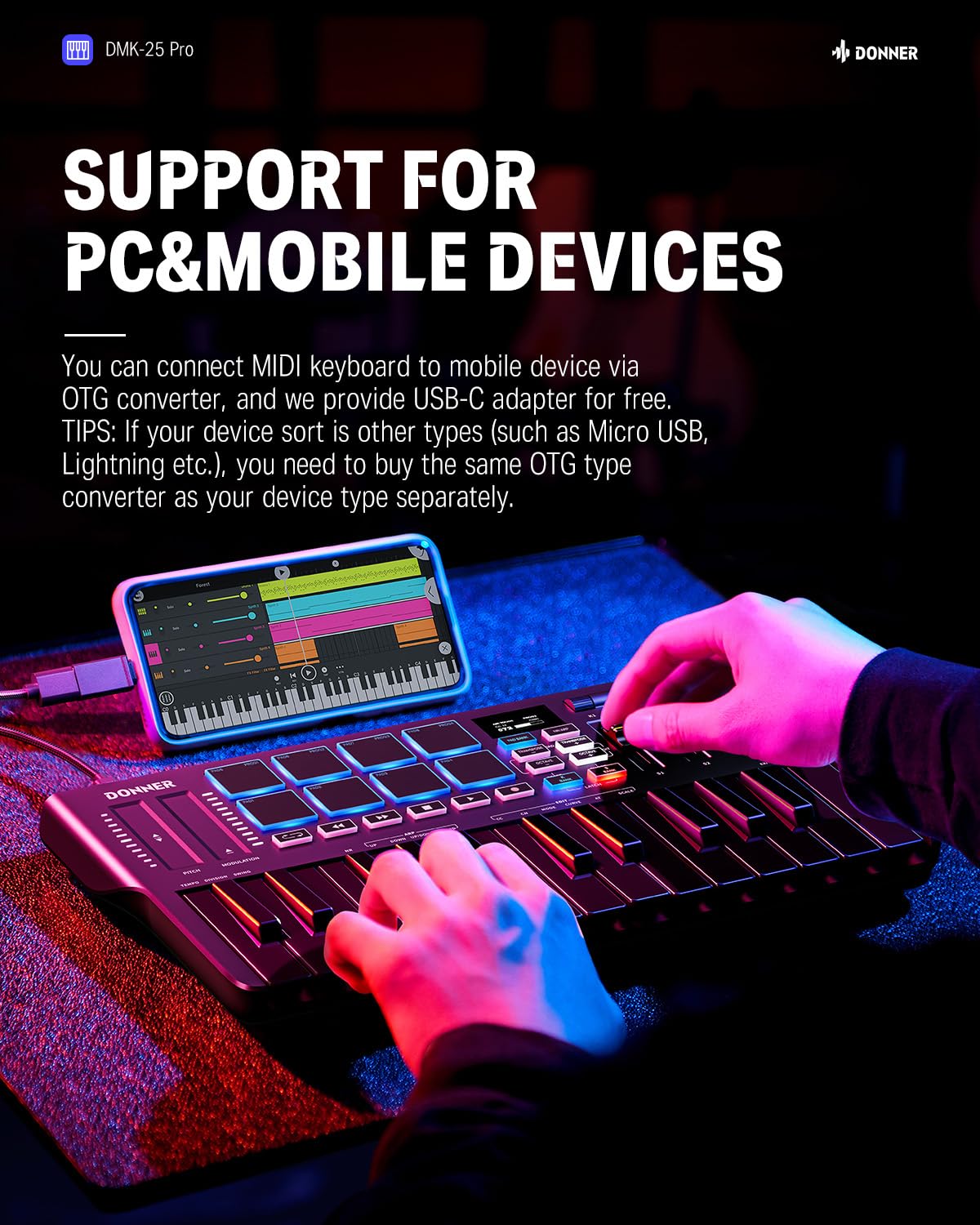 Donner driver de teclado MIDI USB-C con 25 teclas mini teclado MIDI portátil con 8 almohadillas para orejas de batería, visualización OLED, 16 escalas inteligentes, arpegio, repetición, 4 software DAW