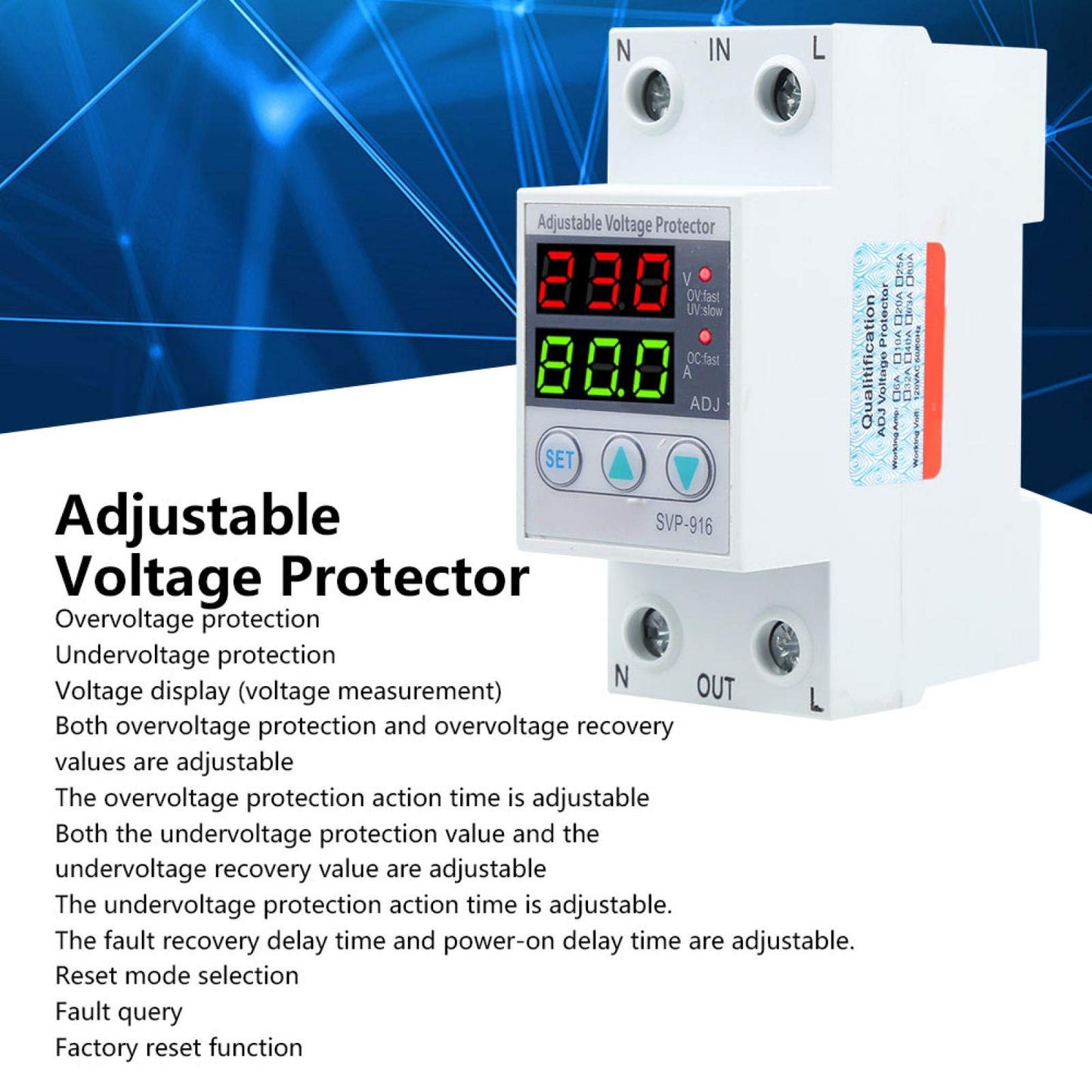 Protector Ajustable de Voltaje SVP 916 en Blanco con Reinicio de Retardo 100‑130 VCA