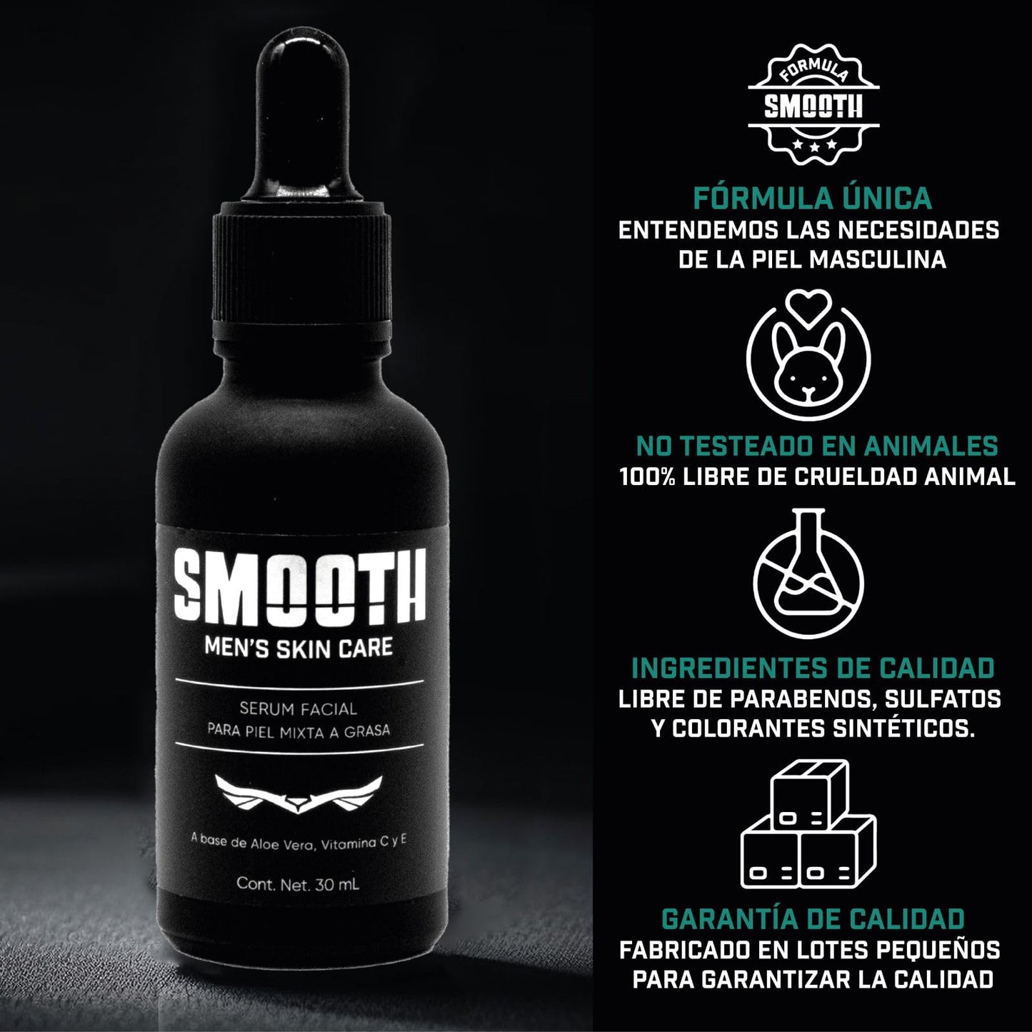 SMOOTH Sérum de Vitamina C Para Hombres | Antioxidante, Hidratante, Reduce líneas de Expresión, Disminuye Arrugas y Retrasa Envejecimiento Prematuro | Colágeno, Elastina, Aloe Vera | 30 ml Uso Día y Noche