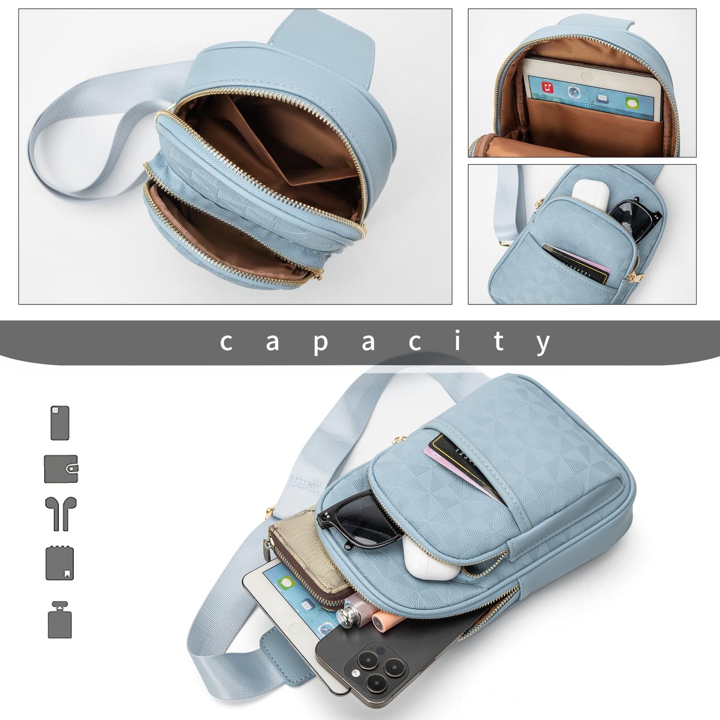 anck Riñonera bandolera para mujer, bolso bandolera para mujer, bolso pequeño en el pecho, riñonera a cuadros para mujer diseñador, 996-G-YH-Azul Claro, Estilo casual, moda relajada