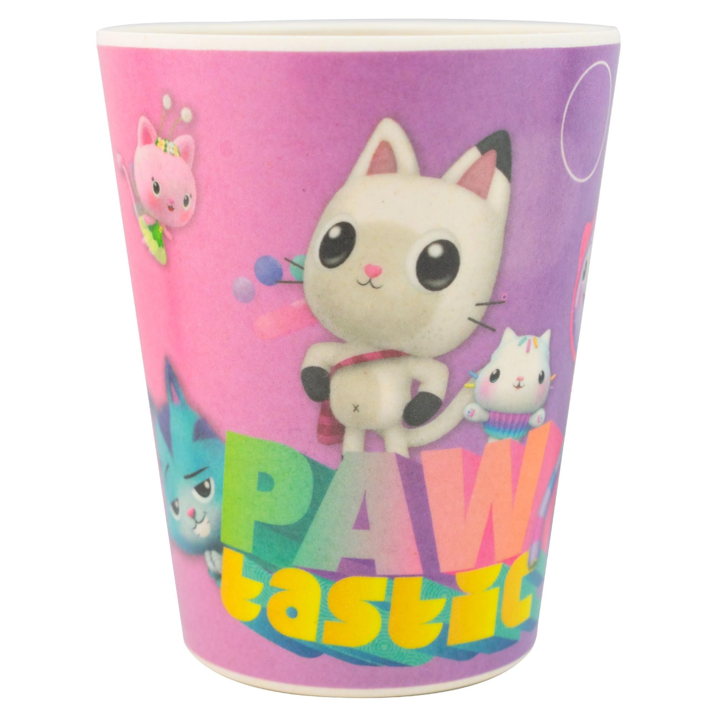 FunKids 1725-684 Vajilla Infantil Individual, Fibra de Bambú, Diseño Gabby’s Doll House y Amigos, Colección Universal Studios, Vajilla 5 Piezas: Plato Trinche, Tazón, Vaso y Cubiertos, Morado y Rosa