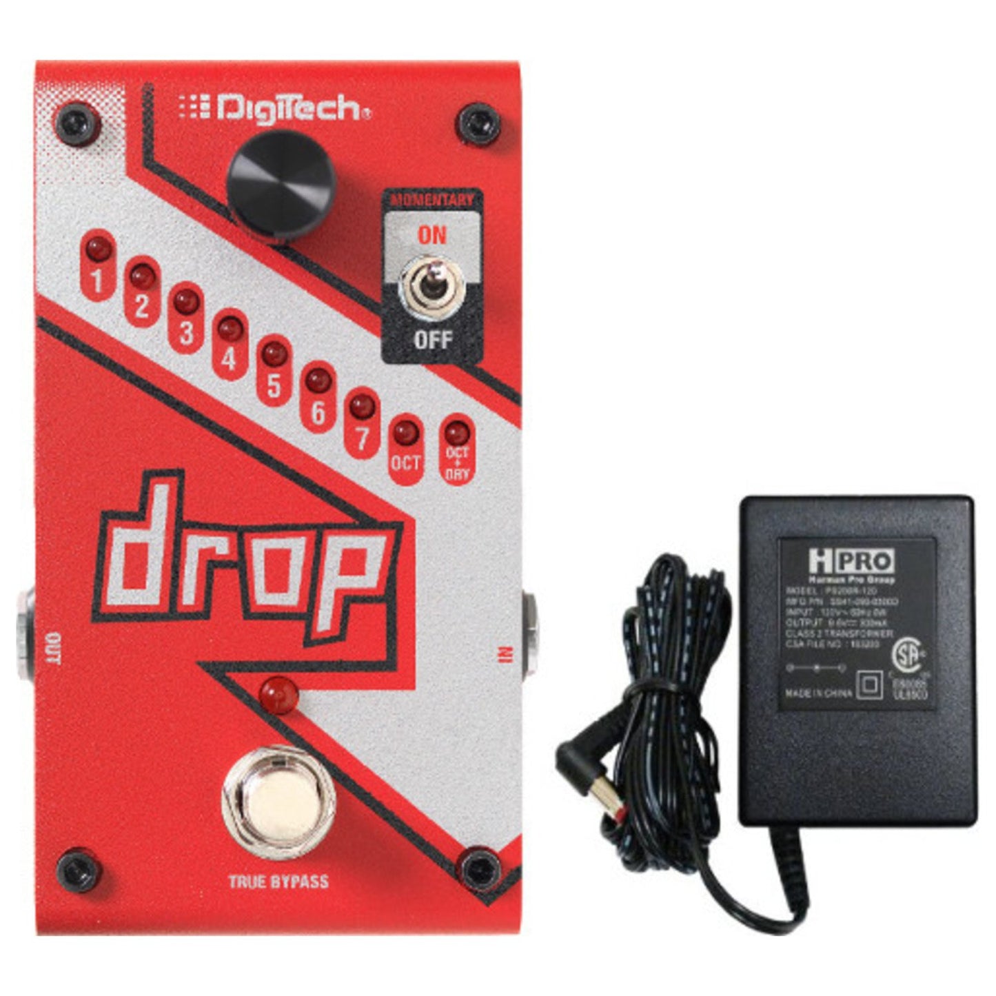 Digitech DROP Pedal de cambio de paso polifónico compacto con conmutación de pestillo momentáneo y derivación real con fuente de alimentación electrónica y cable de pedal de conexión