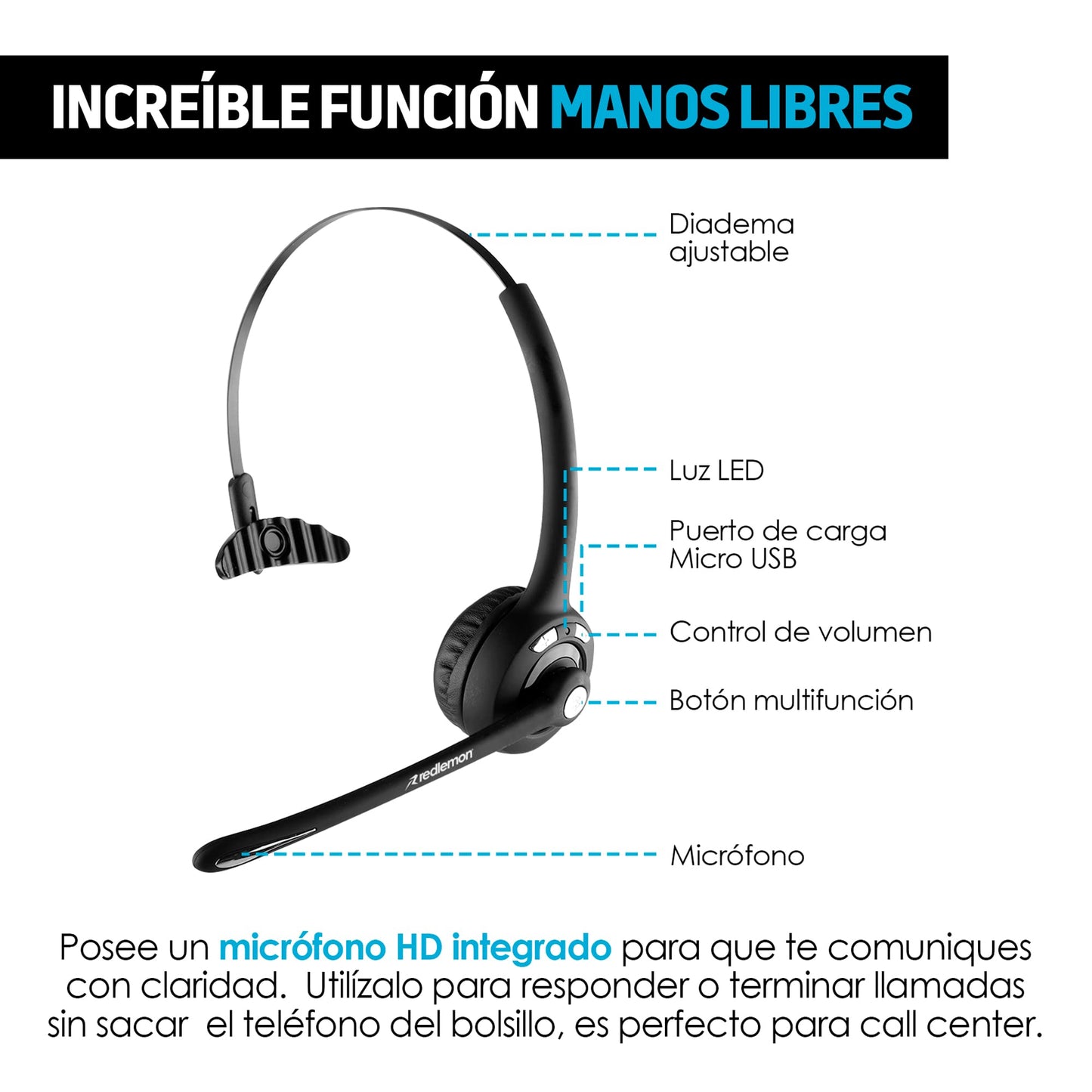 Diadema con Micrófono Bluetooth Redlemon Negra Recargable de Larga Duración para Gaming y Videoconferencias