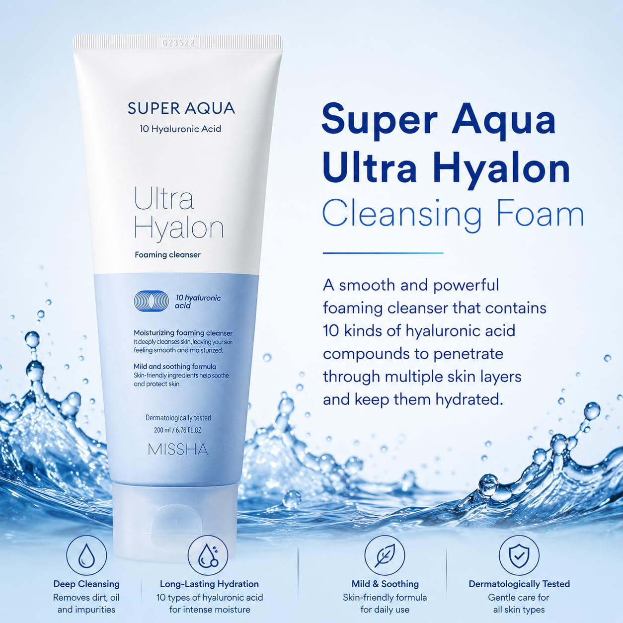 MISSHA- LIMPIADOR FACIAL EN ESPUMA: La línea Super Aqua de MISSHA está diseñada para mantener tu piel fresca. Nuestra espuma limpiadora Super Aqua Ultra Hyalron es un limpiador facial en espuma hidrat