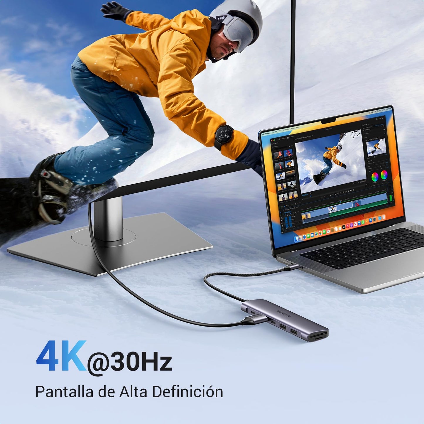 Adaptador USB C UGREEN Plateado 7 en 1 con HDMI 4K y Lector de Tarjetas para Macbook y más