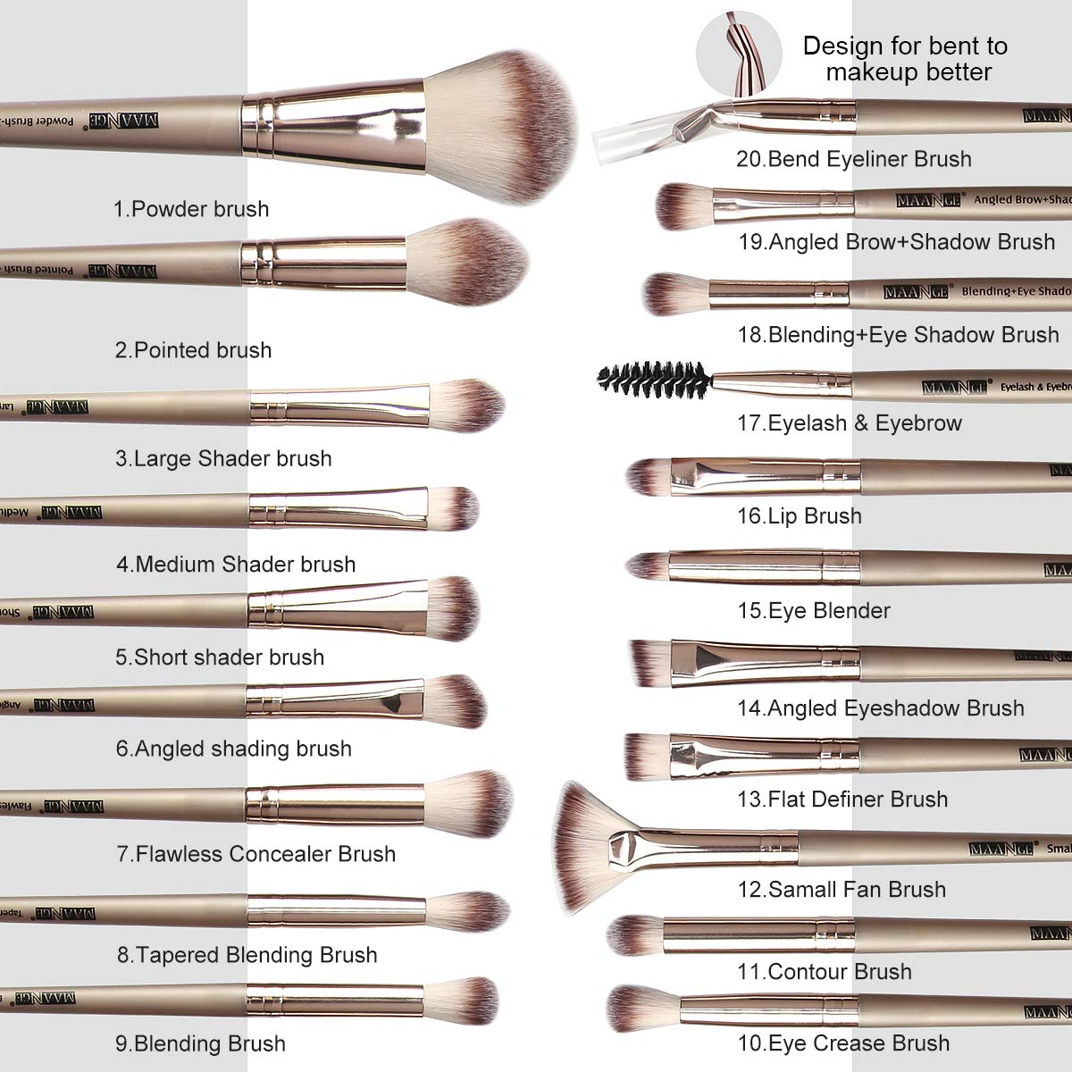 Set de Brochas de Maquillaje MAANGE Champán 20 Piezas Profesionales
