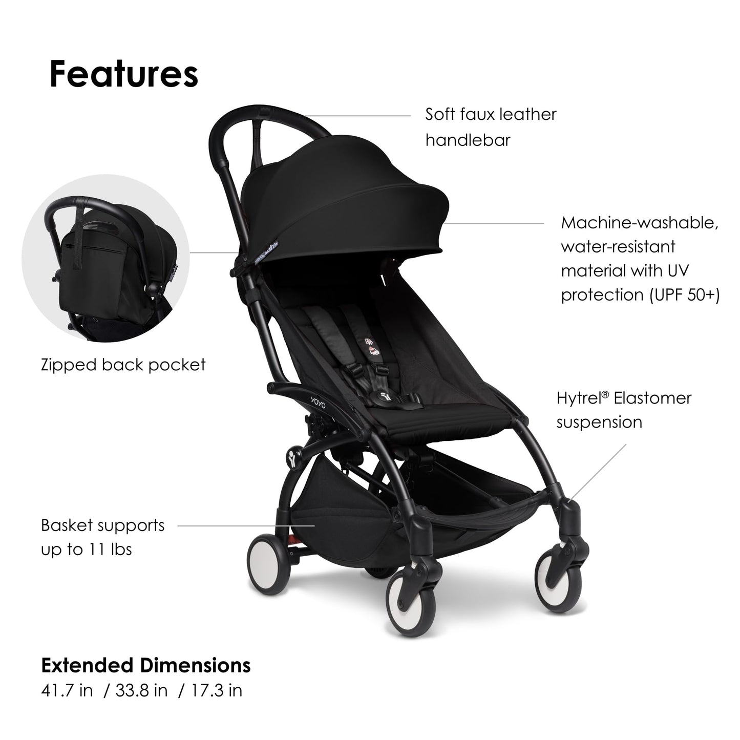 BABYZEN Cochecito 6+ YOYO2 (Chasis Negro con Pack 6+) - Incluye arnés, respaldo, extensiones de capota, correa para llevar al hombro, el cojín del asiento y la capota a juego (Negro)