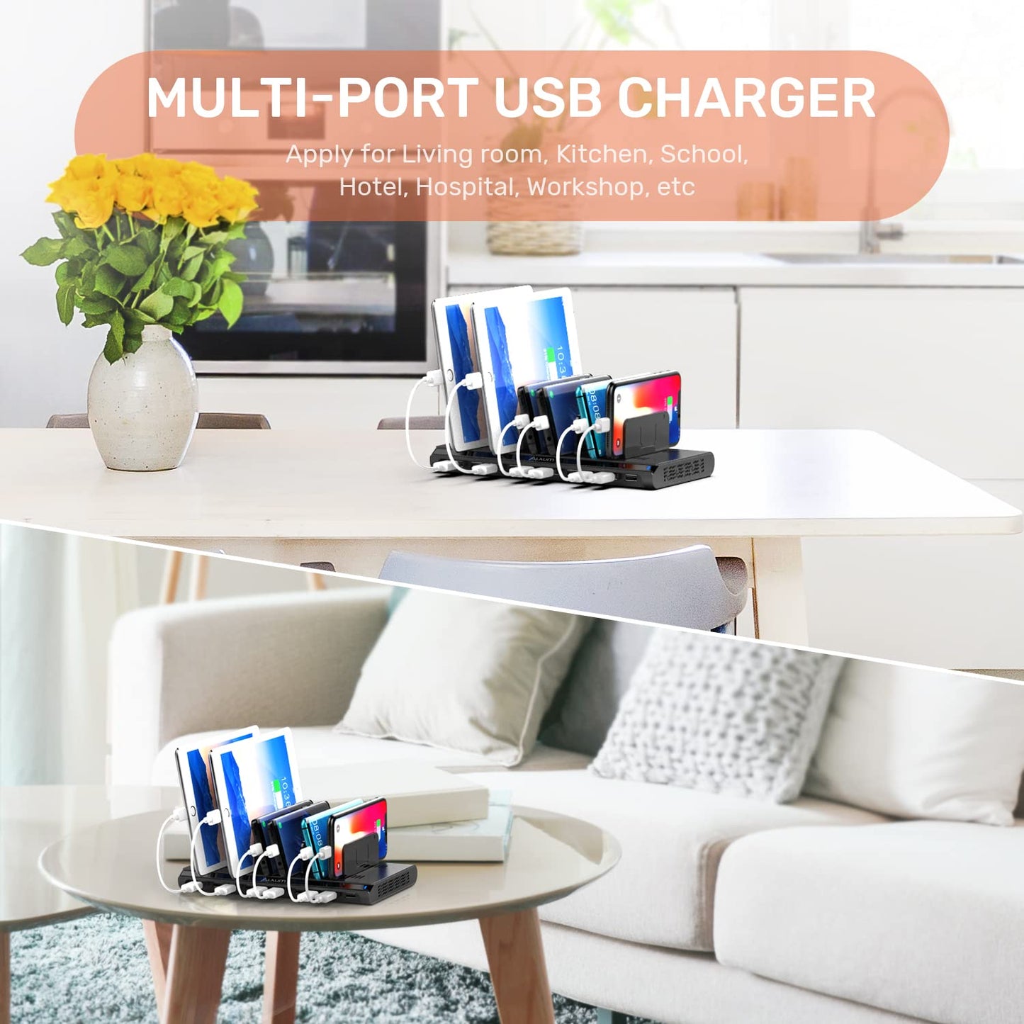 Alxum - Estación de Carga USB de 10 Puertos, estación de Carga para Varios Dispositivos con divisores Ajustables, Negro