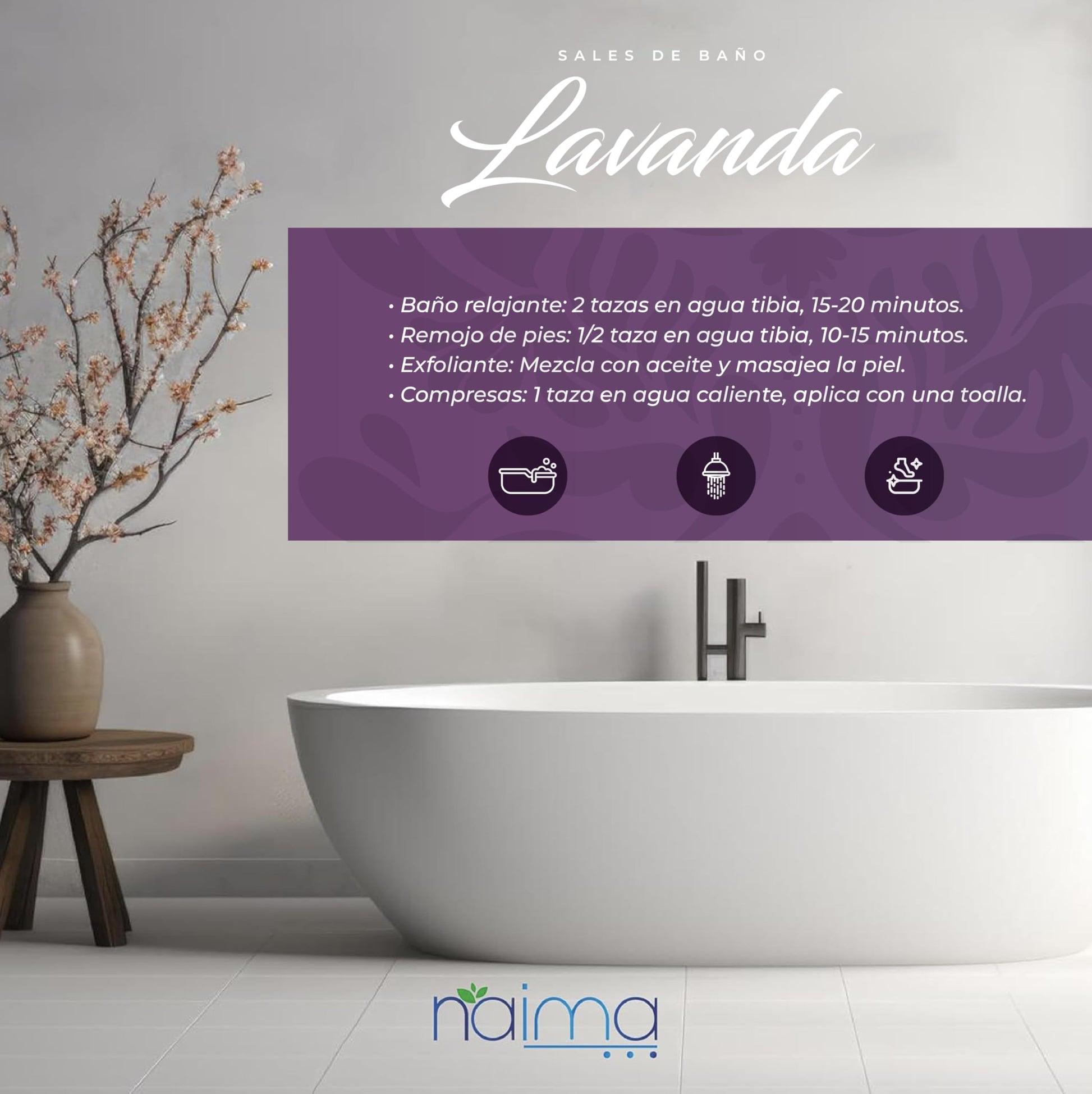 NAIMA Sal Epsom Lavanda, 1kg | Sulfato de Magnesio 100% Puro y Vegano | Baños Relajantes y Terapéuticos con Aroma de Lavanda | Ideal para Cuidado de Piel y Pies | Sin Colorantes Artificiales