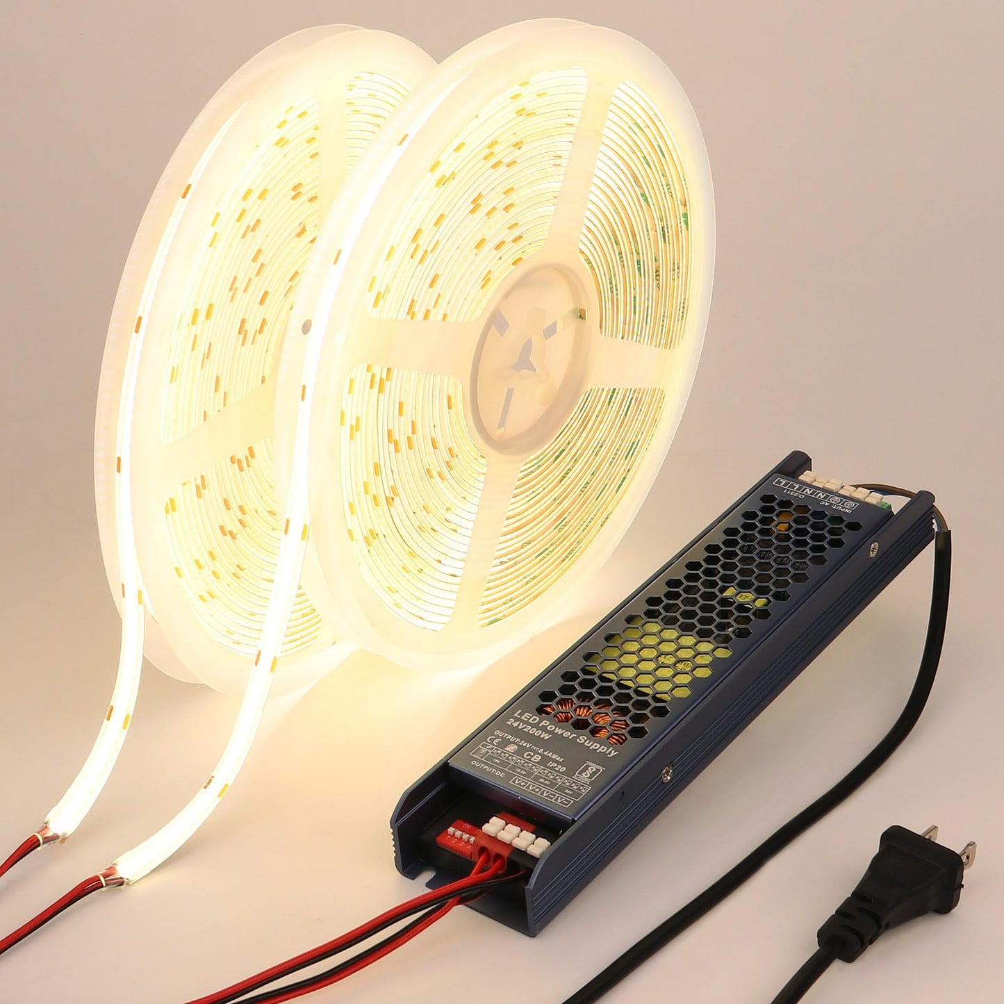 BENLUN Tira LED COB 24V 20 Metros (10 Metros x 2), 4000K Blanco Natural Luces LED Exterior Impermeable, 11W/M CRI 93 Luz de LED Adhesiva con Transformador para Habitacion, Techo, Cocina
