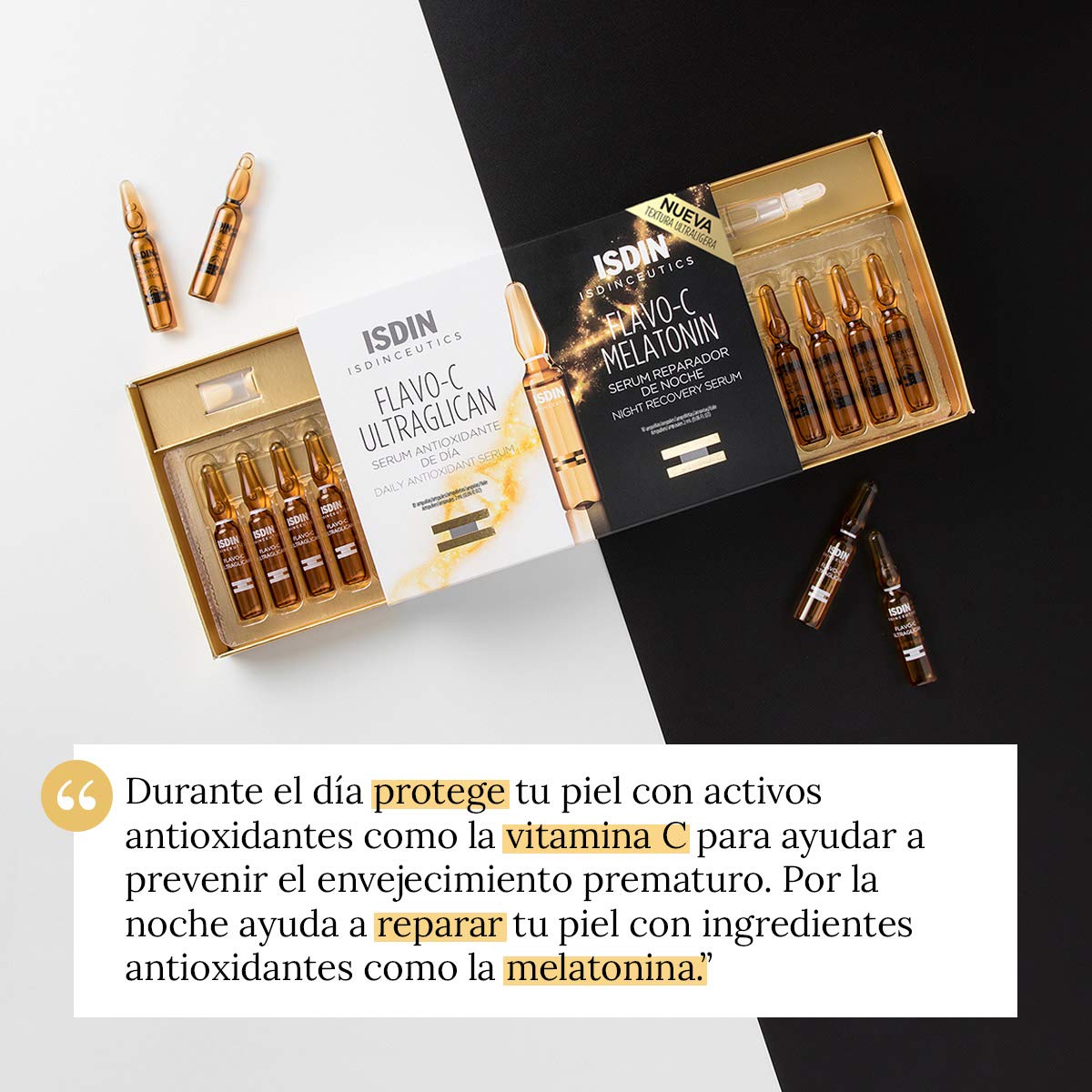 ISDIN Isdinceutics day & night flavo-c melatonin & ultraglican, serum facial antioxidante, hidratante y reparador con vitamina c, 20 ampolletas