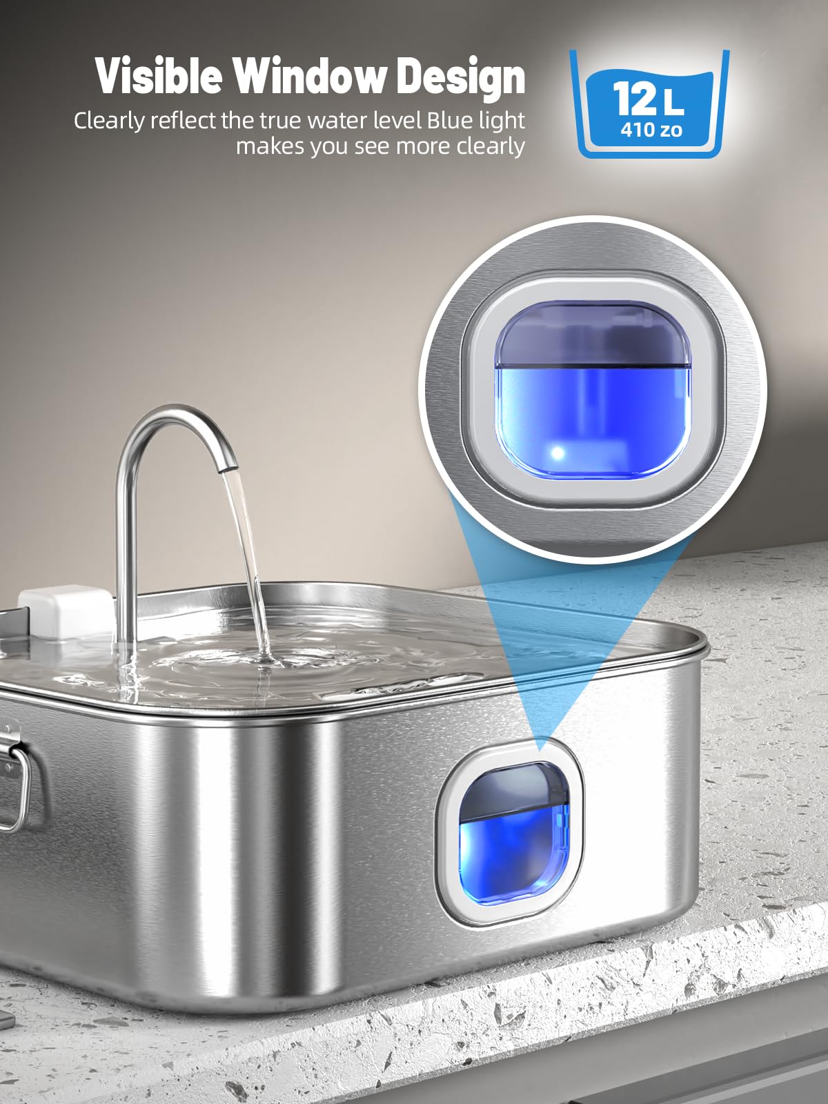 Fuente de agua para perros de acero inoxidable, 440 oz/3.2Gal/12L Fuente de agua grande para mascotas para perros grandes, dispensador de tazón de agua para perros con ventana de nivel de agua e