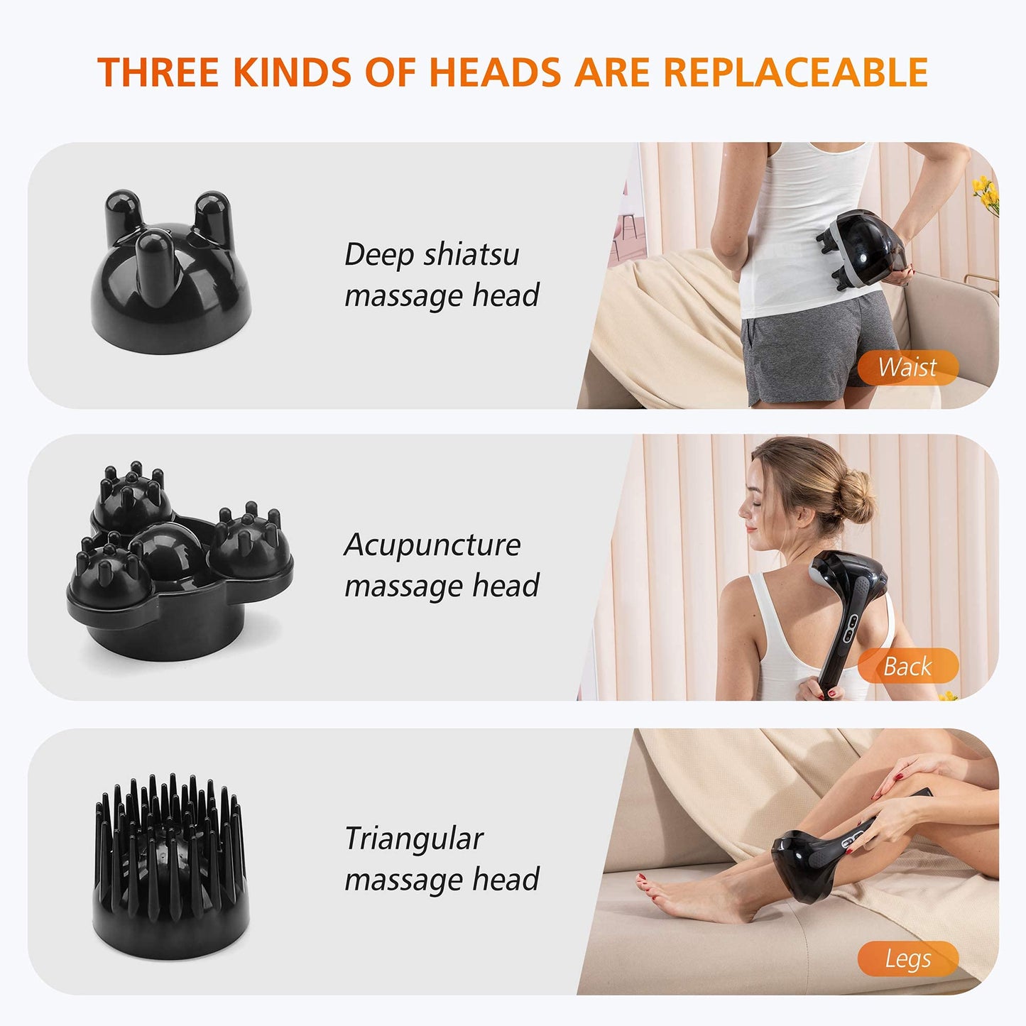 Snailax Masajeador de espalda inalámbrico de mano con calor, masajeador de percusión de tejido profundo, 3 juegos de cabezales giratorios duales, masajeador de mano recargable para cuello, hombros, pantorrilla, piernas
