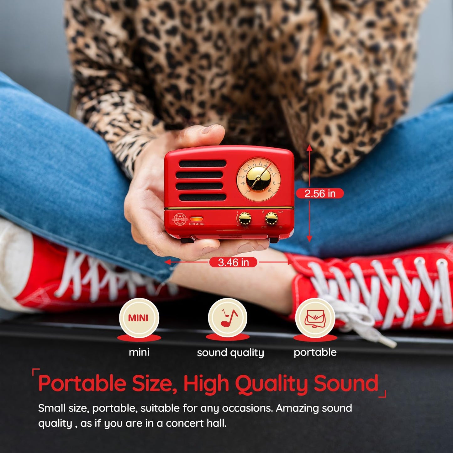 Muzen - Altavoz Bluetooth portátil, Altavoz inalámbrico pequeño de Metal OTR, Radio FM con Antena AUX, 10 Horas de Tiempo de reproducción prolongado, Audio estéreo de Alta fidelidad con veliz,