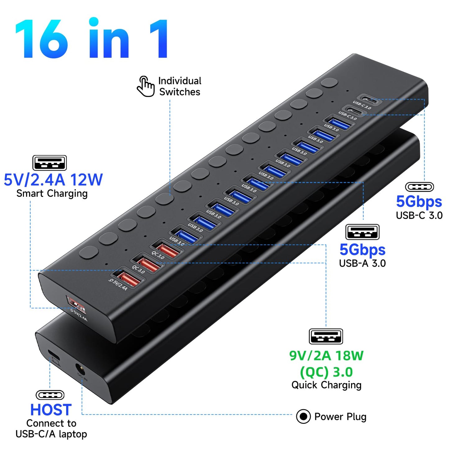 Hub USB 3.0 con alimentación, divisor de concentrador USB C de 16 puertos (10 USB 3.0+2 QC 3.0+2 carga inteligente +2 USB-C 3.0) con interruptores individuales, adaptador de corriente certificado UL