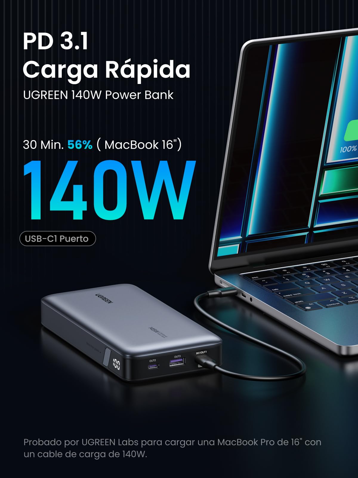 Cargador Portátil UGREEN 145W Negro con Pantalla Digital y 3 Puertos para iPhone Xiaomi Galaxy