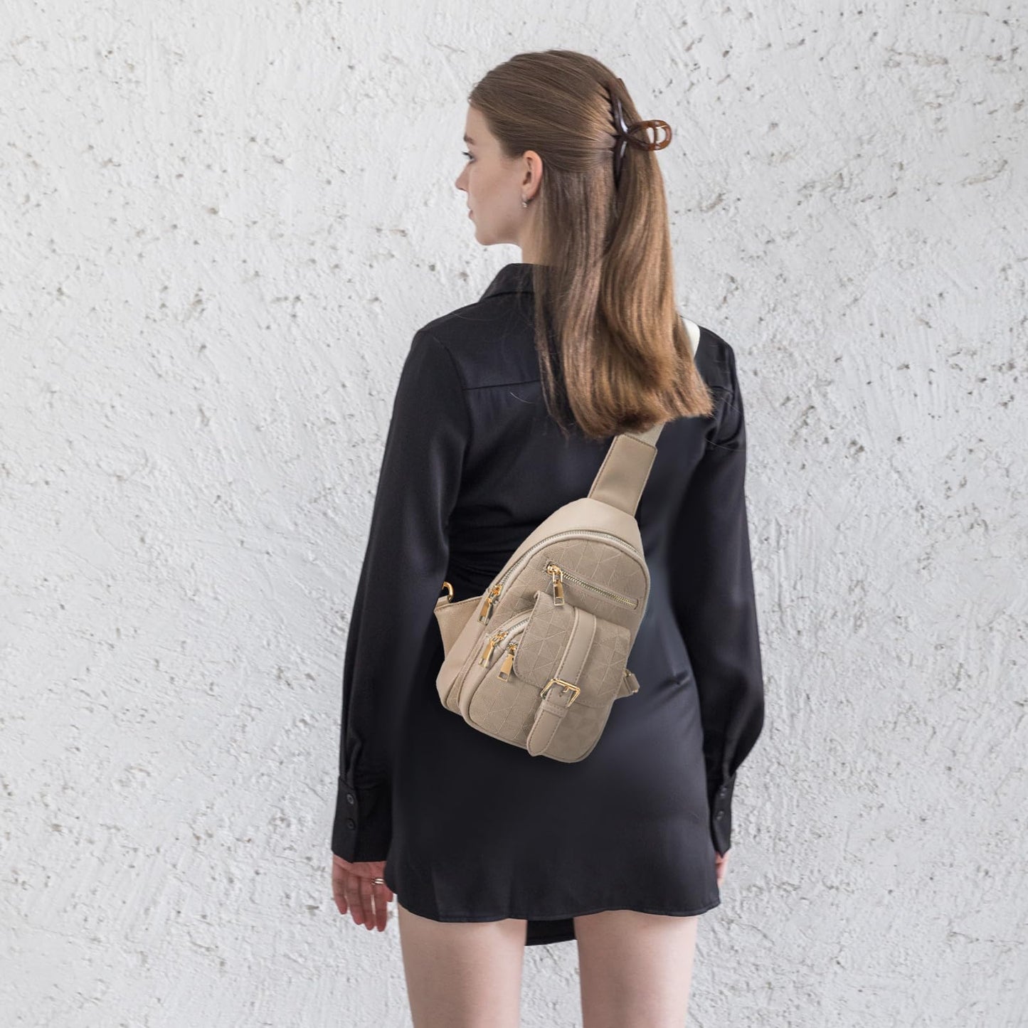 Anck Riñonera Bandolera para Mujer, Bolso Pequeño en el Pecho, Estilo Casual a Cuadros, 9831-G-YH-Khaki, Moda Relajada