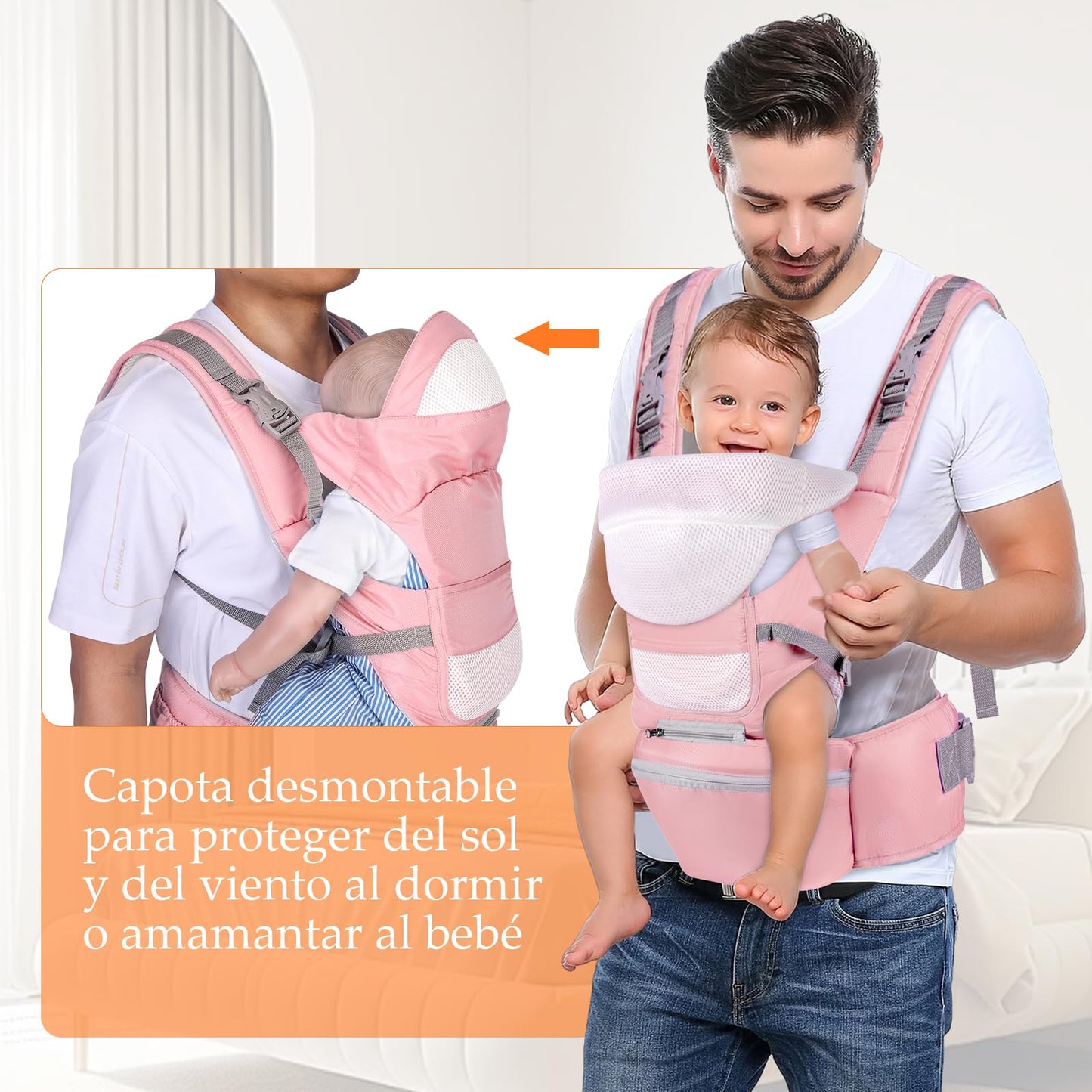 Portabebés Fular Cangurera Asiento de Cadera Ergonomico Ligero y Ajustable Rosa para Bebé de 0 a 36 Meses