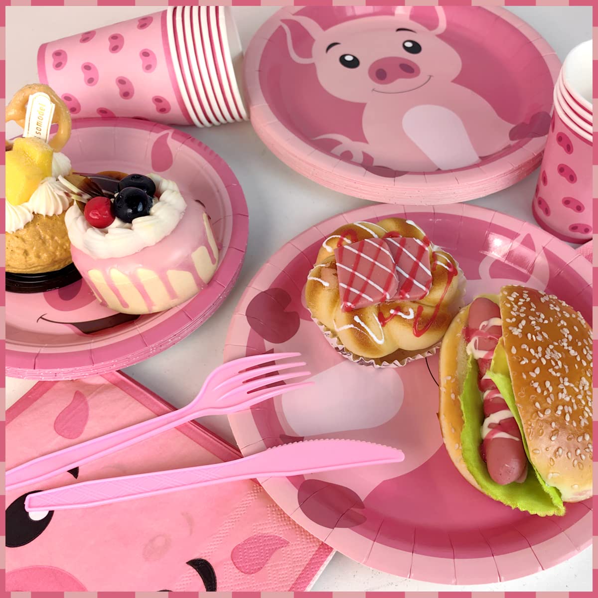 Juego de vajilla de cerdo para cumpleaños, 143 piezas, juego de vajilla de cerdo rosa para niños, juego de platos y servilletas con temática de cerdo, suministros de fiesta de cumpleaños para 20