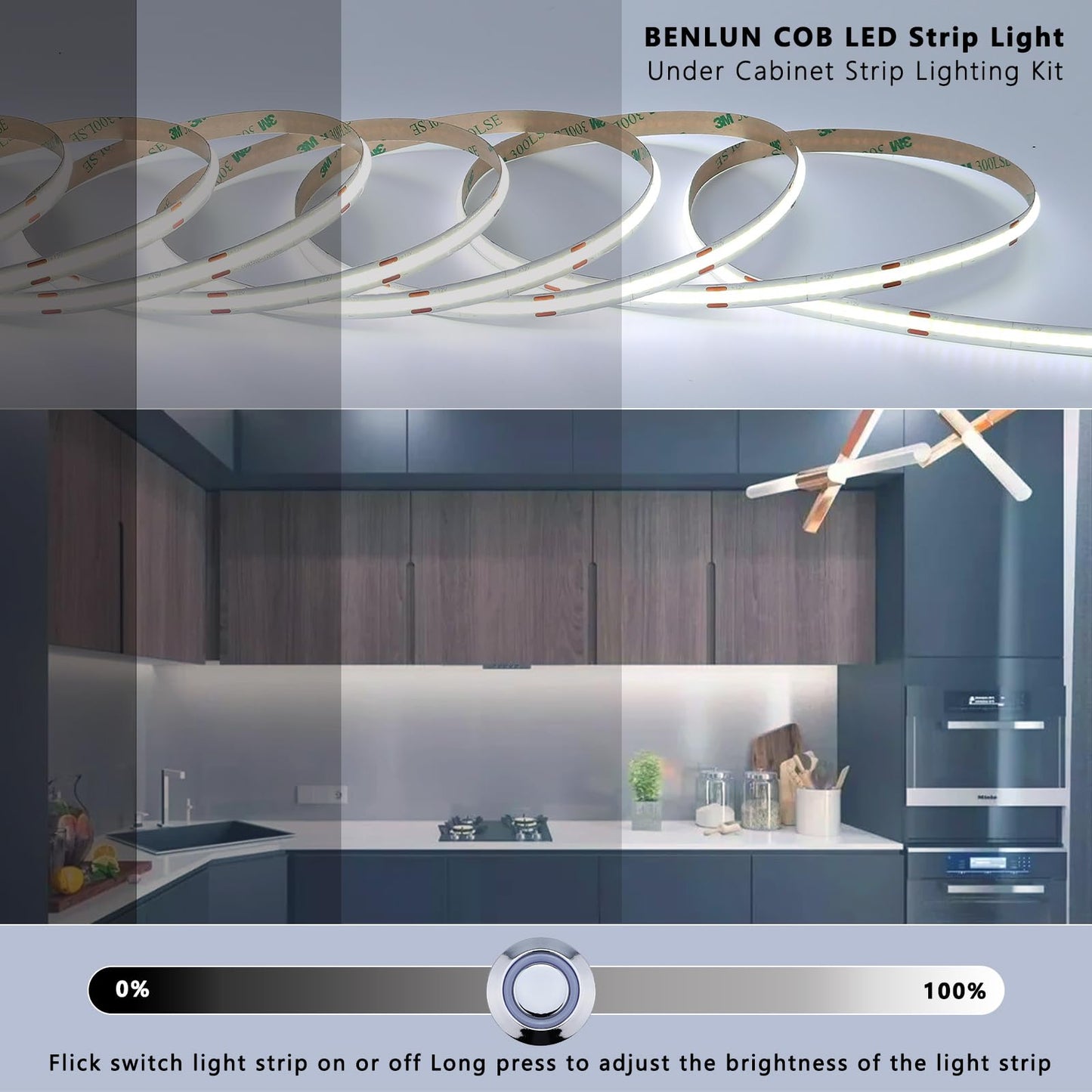 BENLUN 12V Tira LED COB Bajo Mueble Cocina Kit 10 Metri, Luz LED 6000K Blanco Frio, Luces LED Adhesivas Recortable, con Dimmer y Fuente de Alimentación para Vitrina, Armario, Estanteria